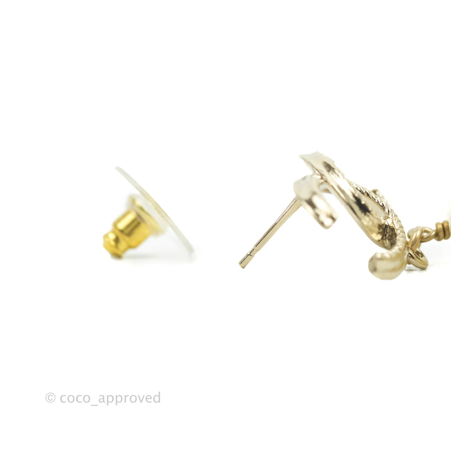 Chanel CC Pearl Heart Drop Earrings Gold Tone 22C