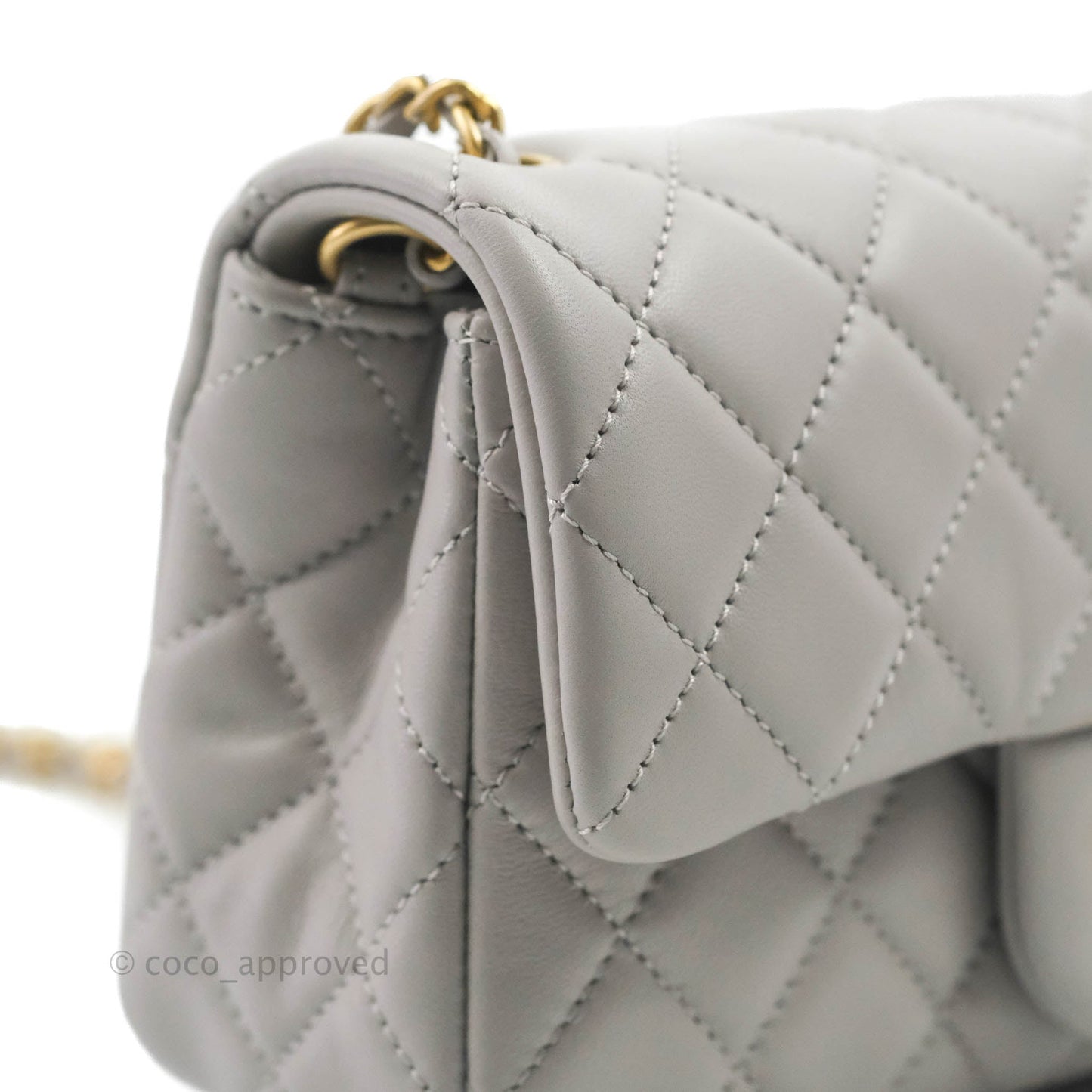 Chanel Mini Rectangular Pearl Crush Quilted Light Grey Lambskin Aged Gold Hardware 22B