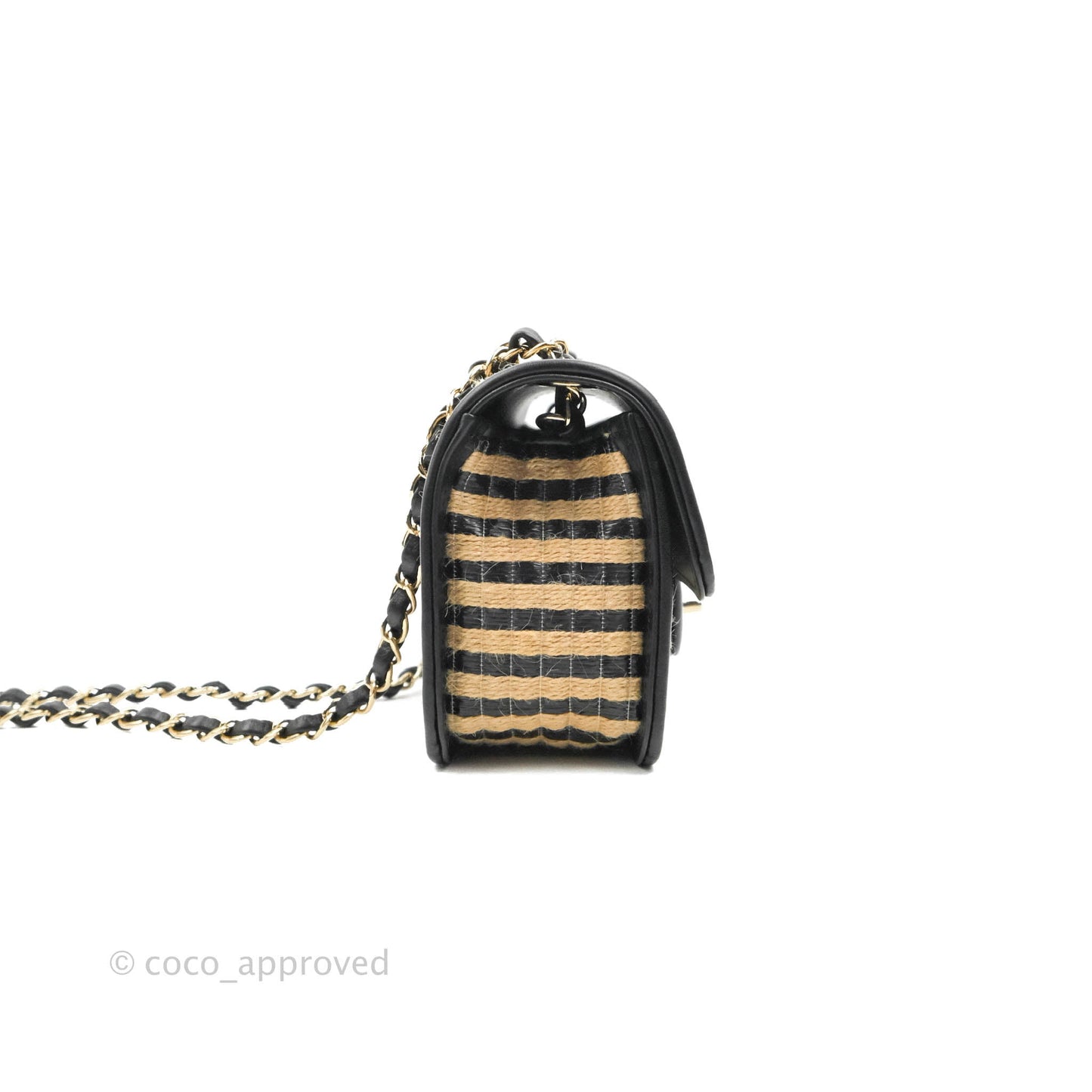 Chanel Quilted Mini Rectangular Flap Raffia Jute Thread Black & Beige Gold Hardware