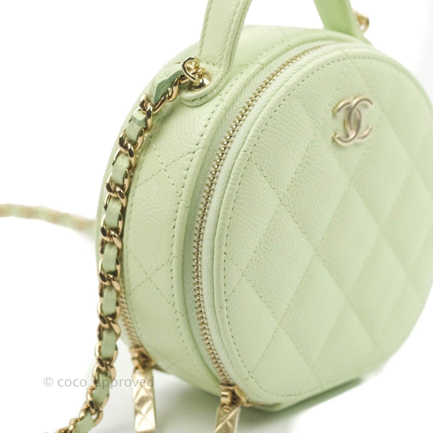 Chanel Mini Round Vanity Bag Handle With Care Light Green Caviar 22C