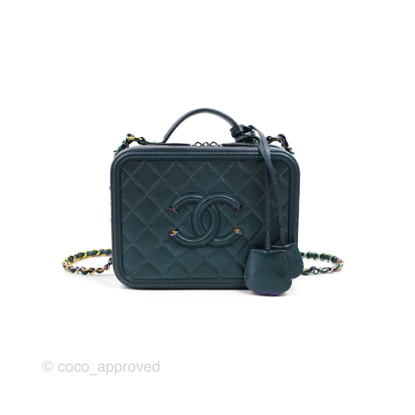 Chanel Quilted Medium CC Filigree Vanity Case Iridescent Dark Turquoise Caviar Rainbow Hardware