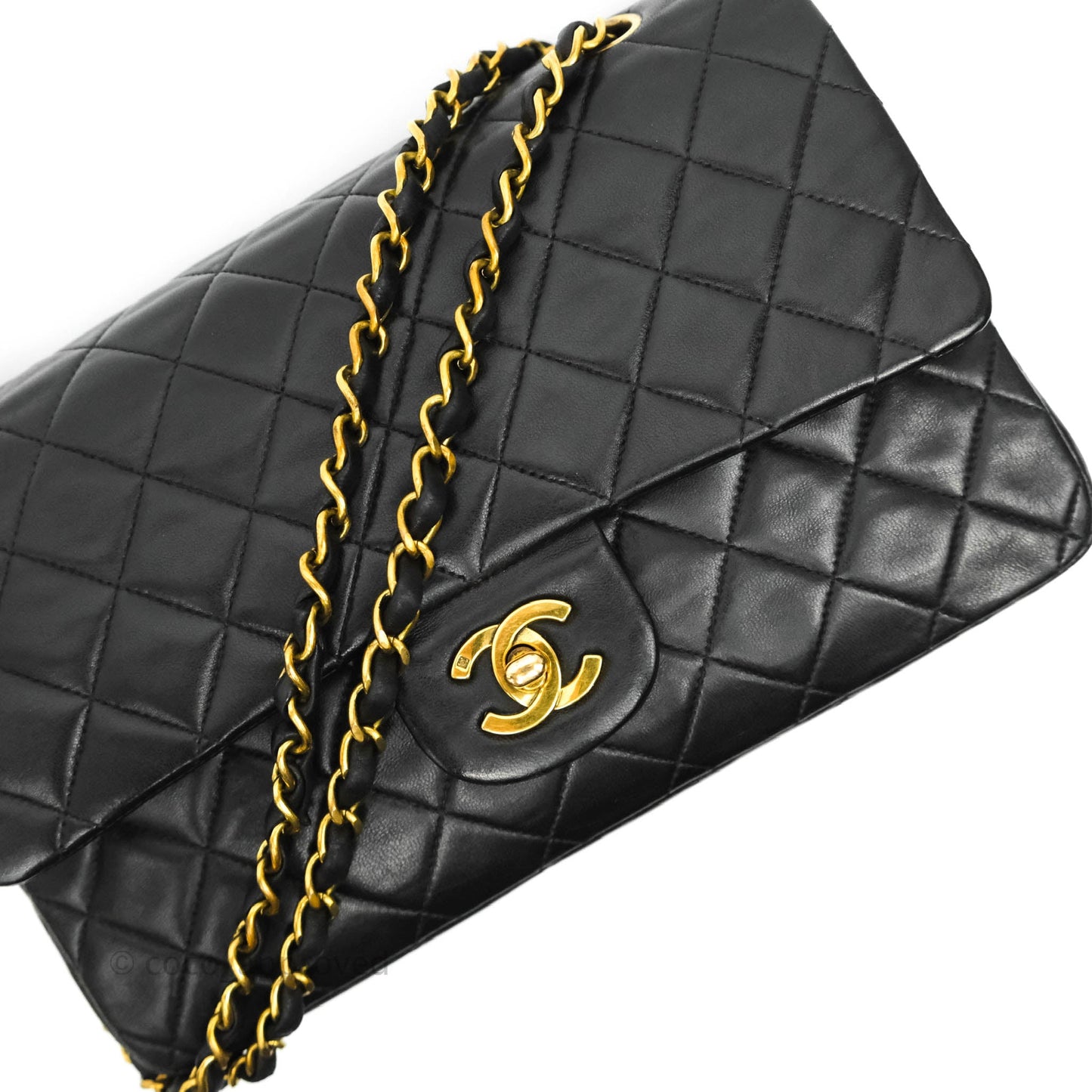 Chanel Vintage Classic M/L Medium Double Flap Bag Black Lambskin 24K Gold Hardware
