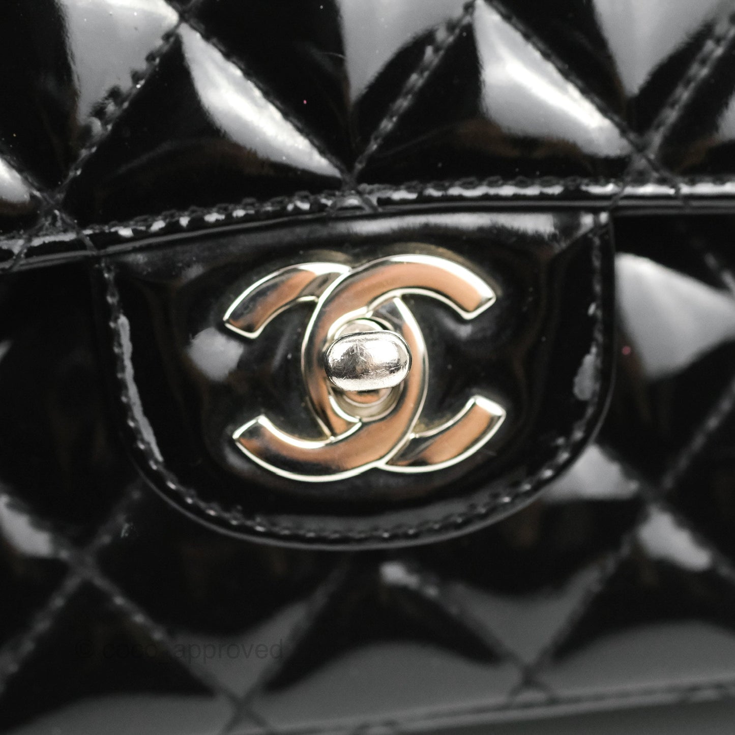 Chanel Classic M/L Medium Flap Quilted Black Patent Silver Hardware