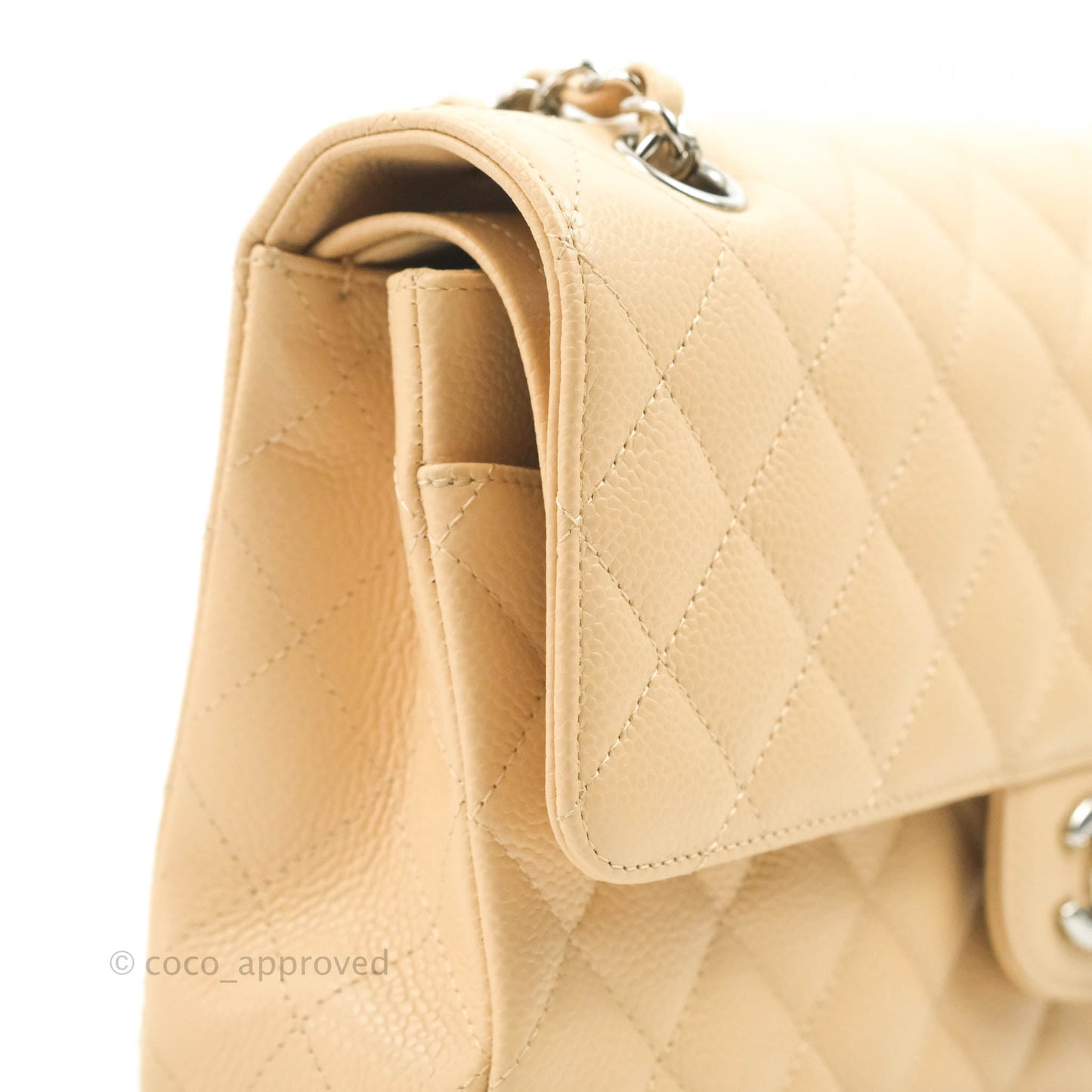 Chanel Classic M/L Medium Flap Quilted Beige Caviar Silver Hardware
