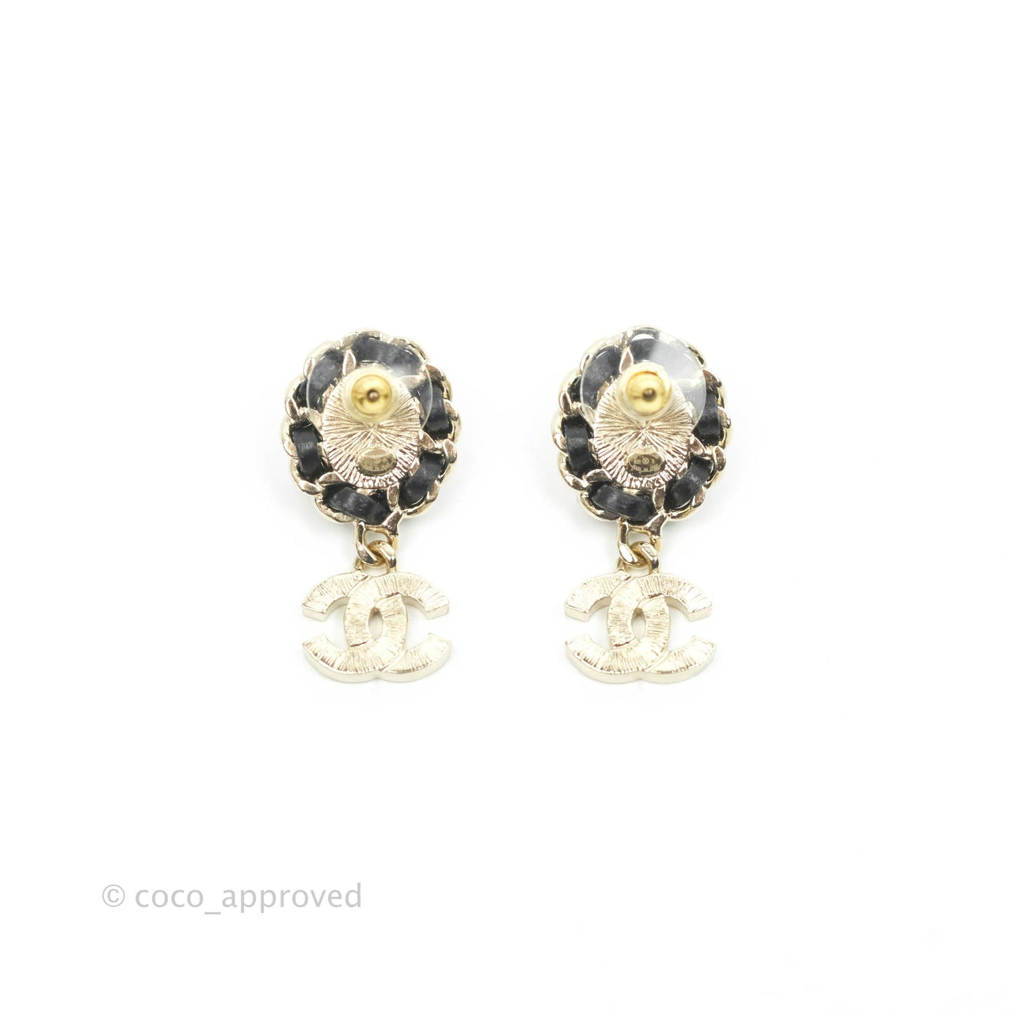 Chanel Oval Pearl Braided Black Leather Drop Crystal CC Earrings Gold Tone 21B