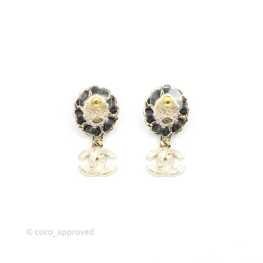 Chanel Oval Pearl Braided Black Leather Drop Crystal CC Earrings Gold Tone 21B