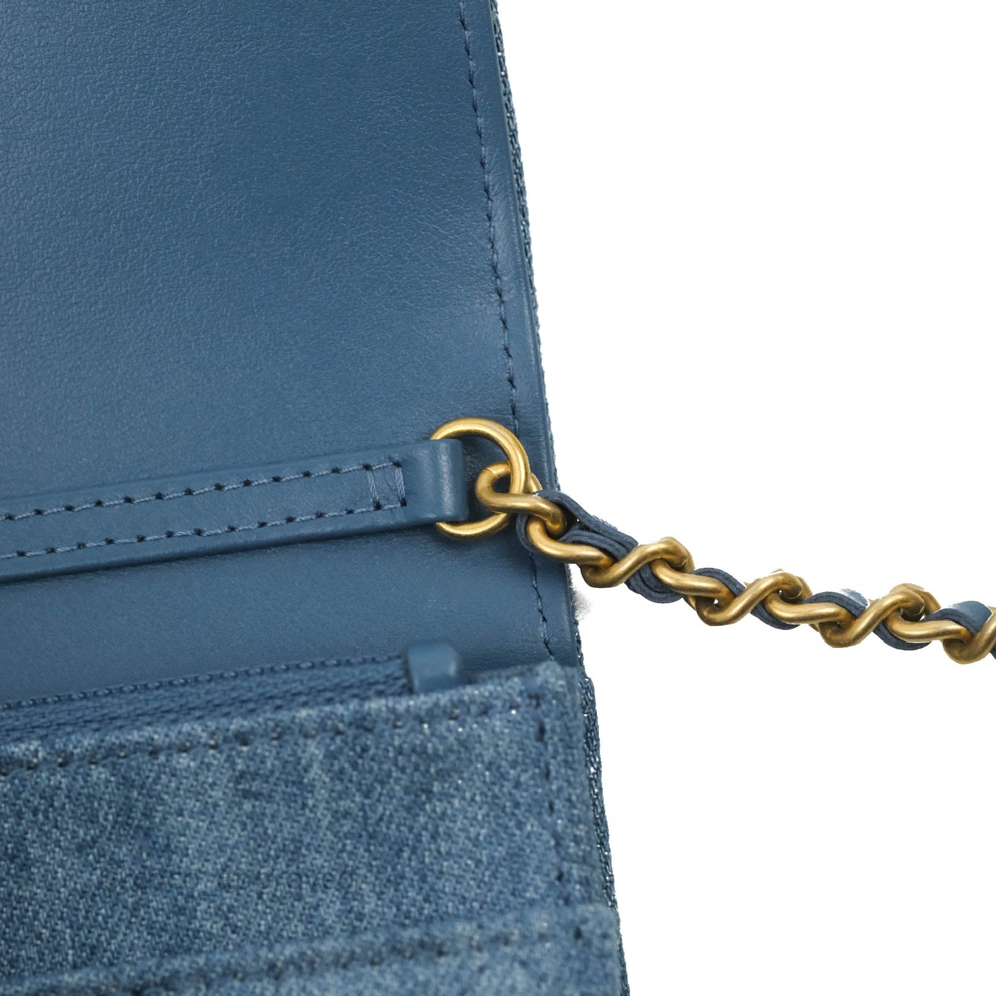Chanel Quilted Pearl Crush Wallet on Chain WOC Denim Aged Gold Hardware