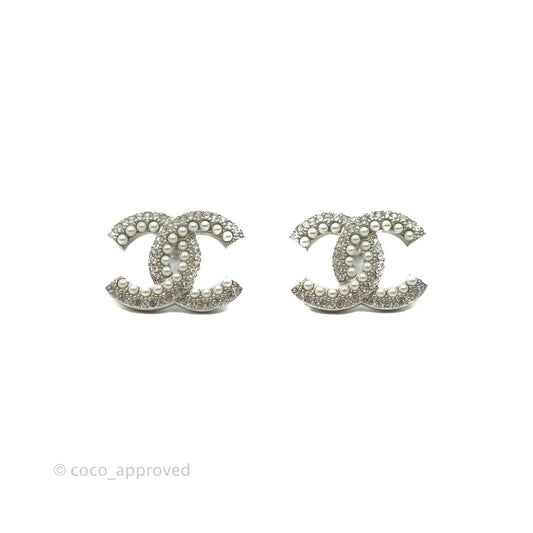 Chanel CC Pearl Crystal Earrings Silver Tone