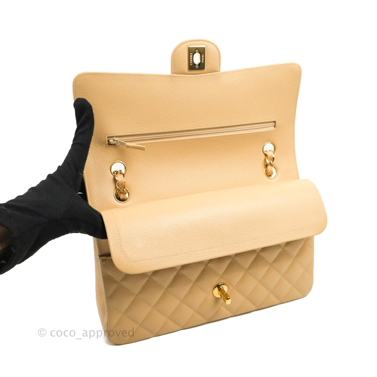 Chanel Classic M/L Medium Flap Quilted Beige Caviar Gold Hardware