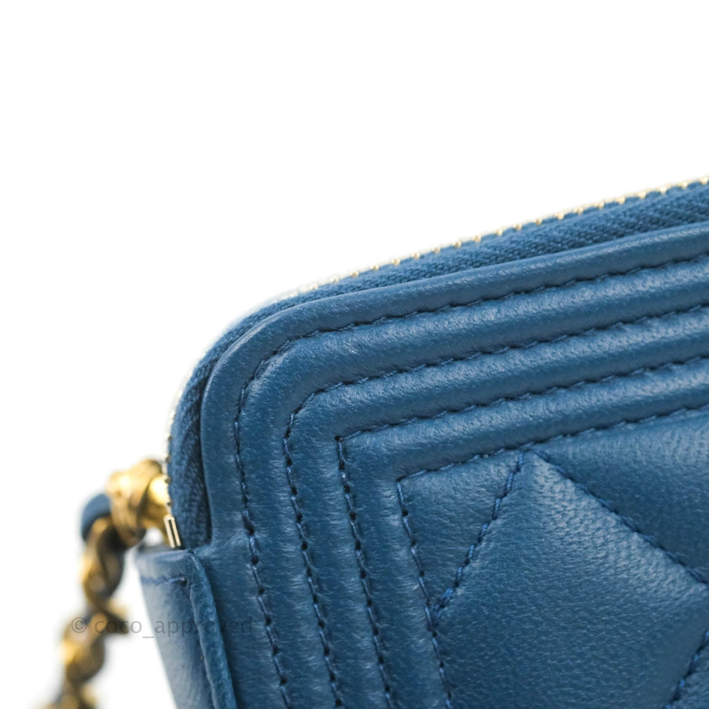 Chanel Boy Double Zip Clutch On Chain Blue Lambskin Aged Gold Hardware