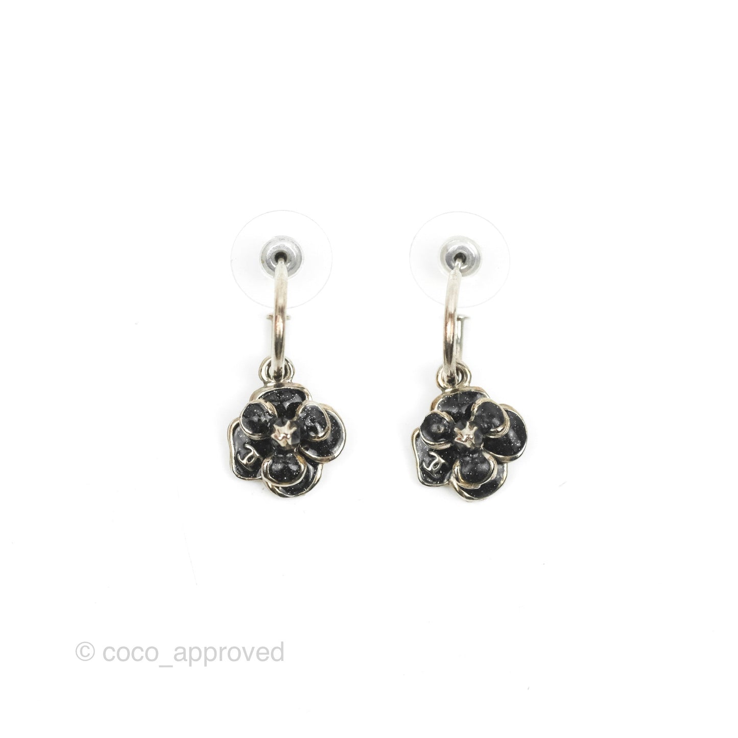 Chanel Black Camellia Drop Hoop Earrings Silver Tone 08P