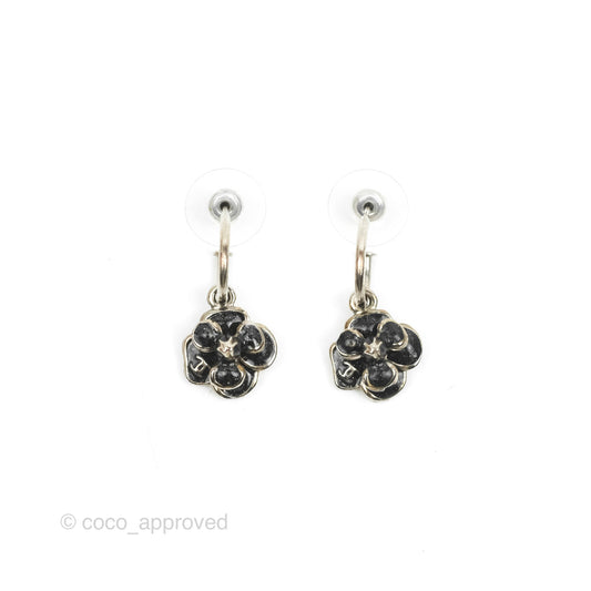 Chanel Black Camellia Drop Hoop Earrings Silver Tone 08P