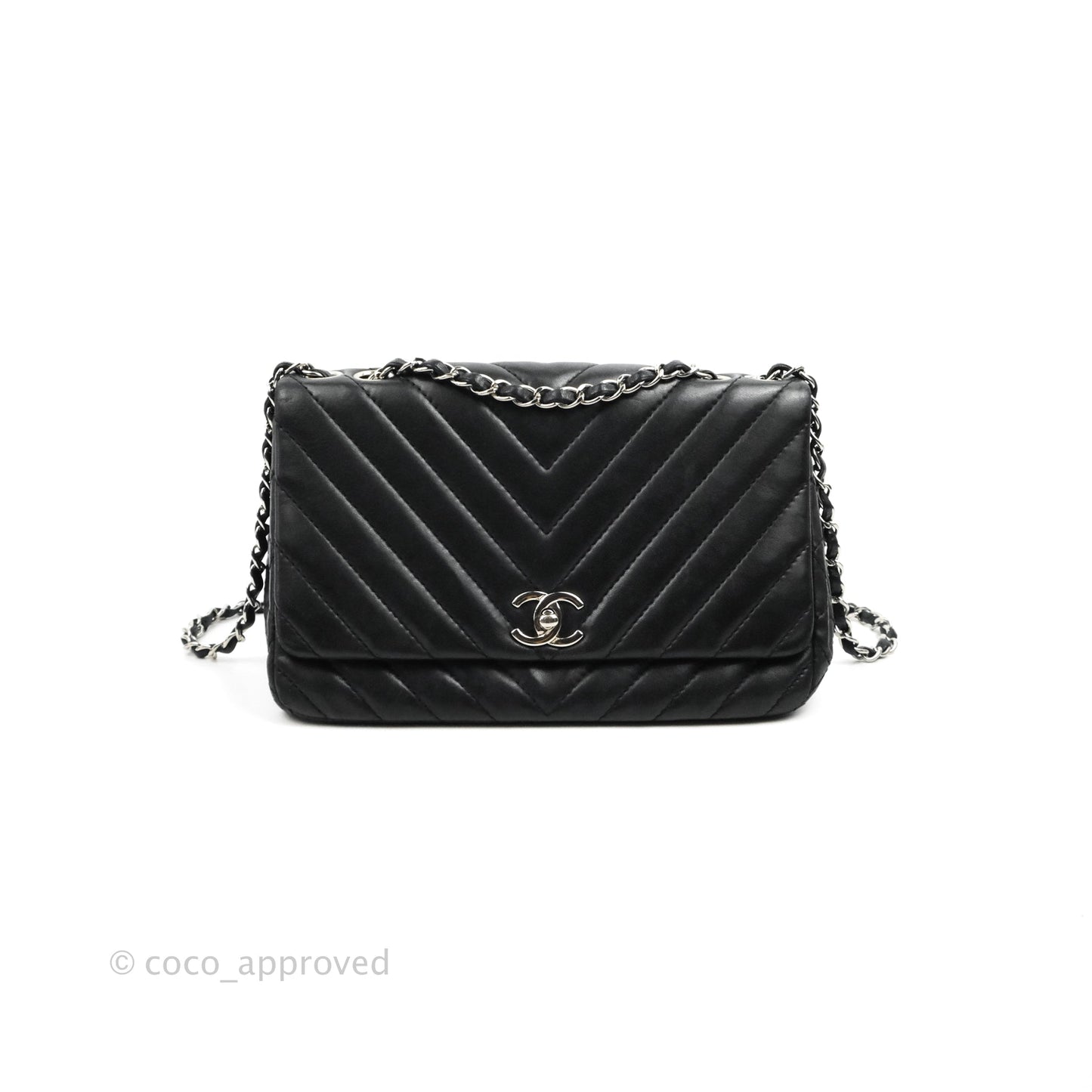 Chanel Quilted Large Single Flap Chevron Black Lambskin Silver Hardware