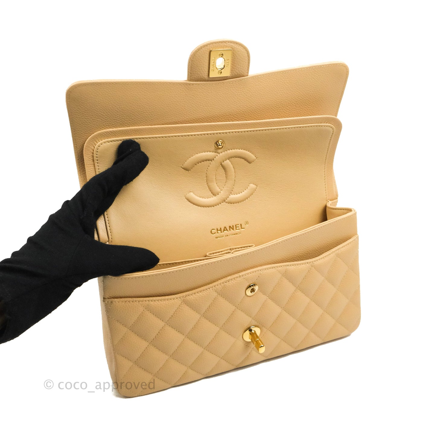 Chanel Classic M/L Medium Flap Quilted Beige Caviar Gold Hardware