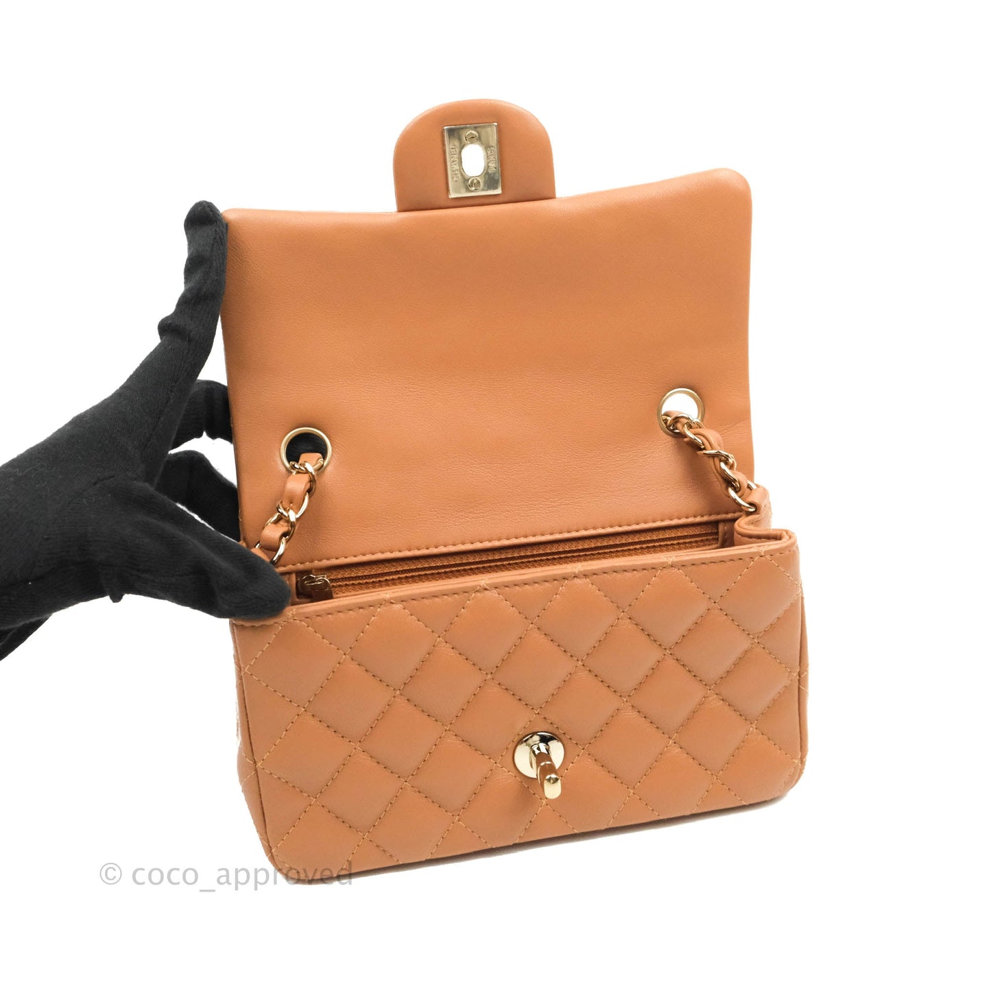 Chanel Quilted Mini Rectangular Flap Caramel Lambskin Gold Hardware 22S