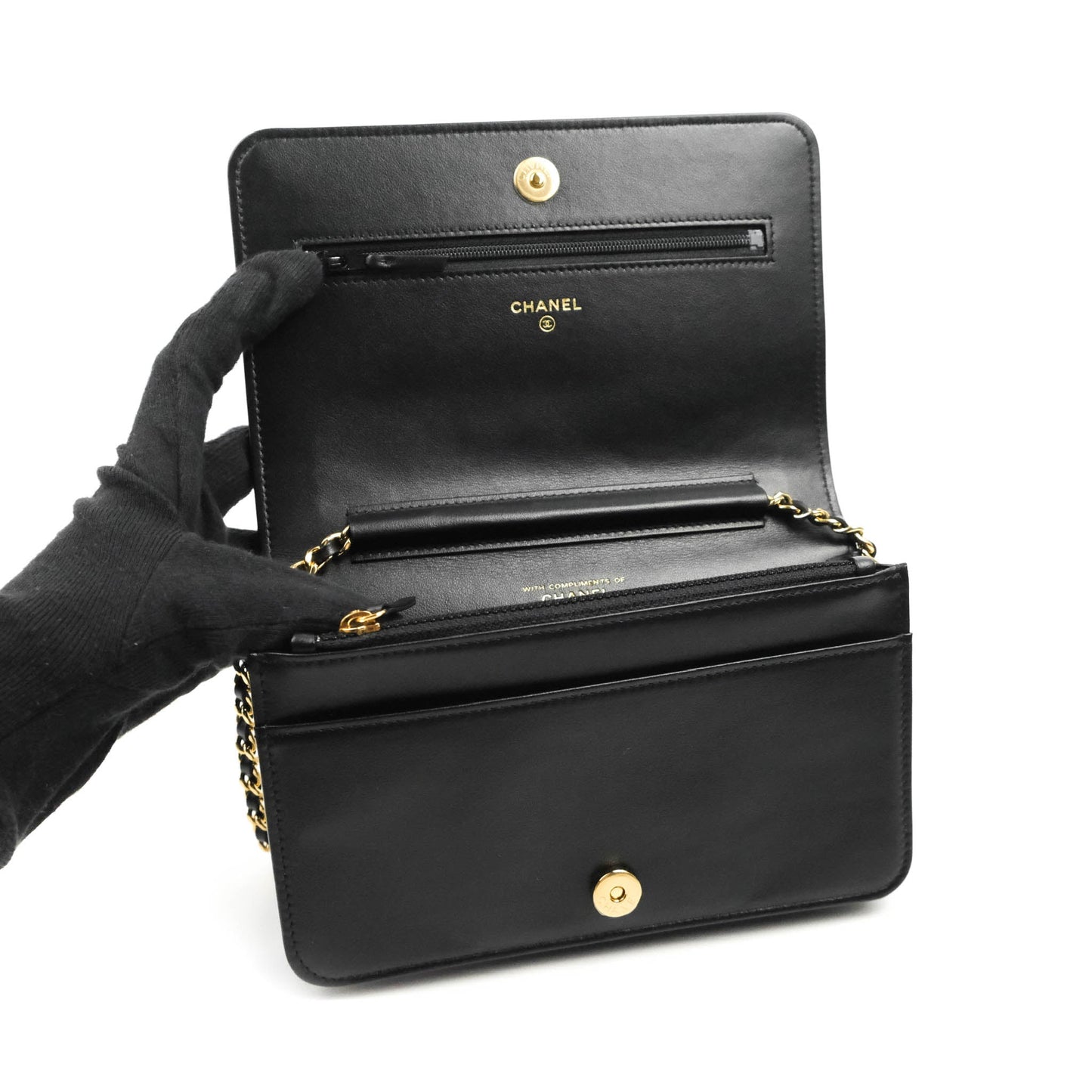 Chanel Quilted Wallet on Chain WOC Stitching Black Lambskin Gold Hardware