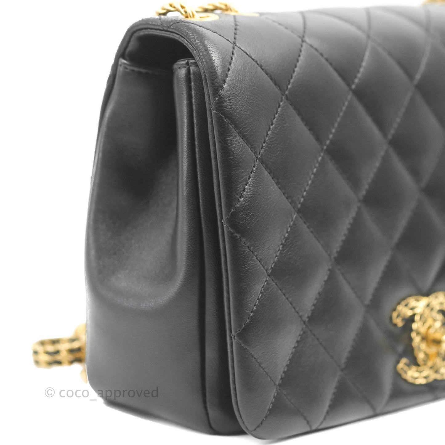 Chanel Large Flap Bag With Woven CC Logo Black Lambskin Gold Hardware 22C