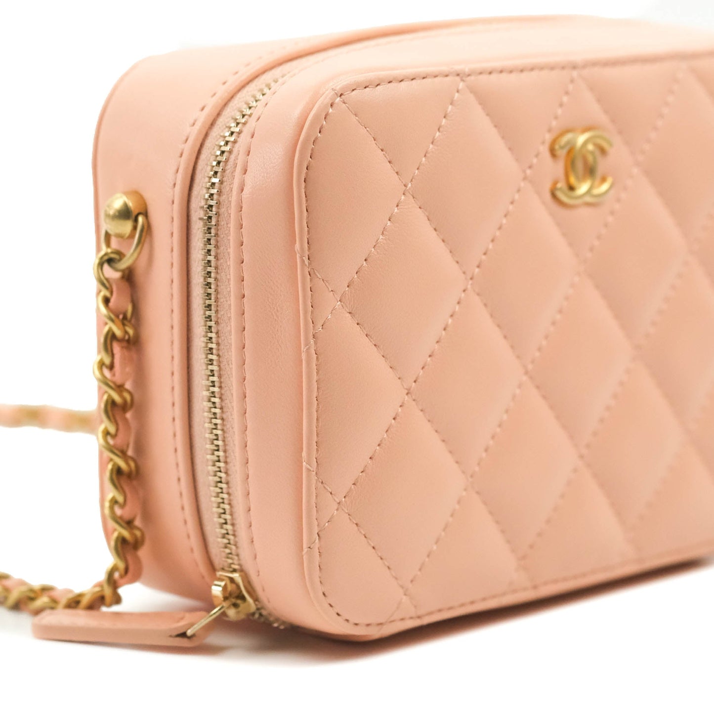Chanel Mini Pearl Crush Quilted Camera Case Beige Pink Lambskin Aged Gold Hardware