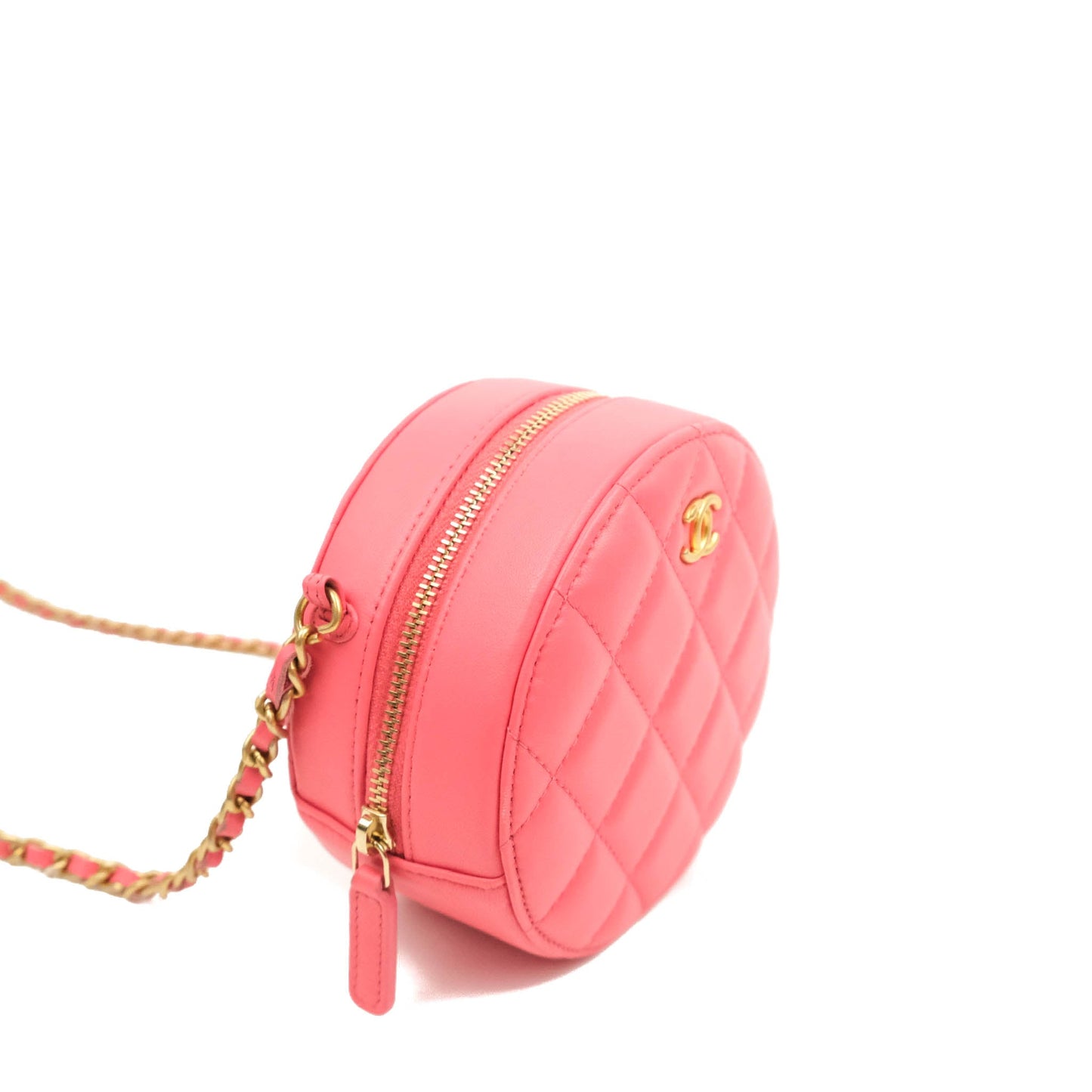 Chanel Quilted Round Pearl Crush Clutch With Chain Pink Lambskin Aged Gold Hardware