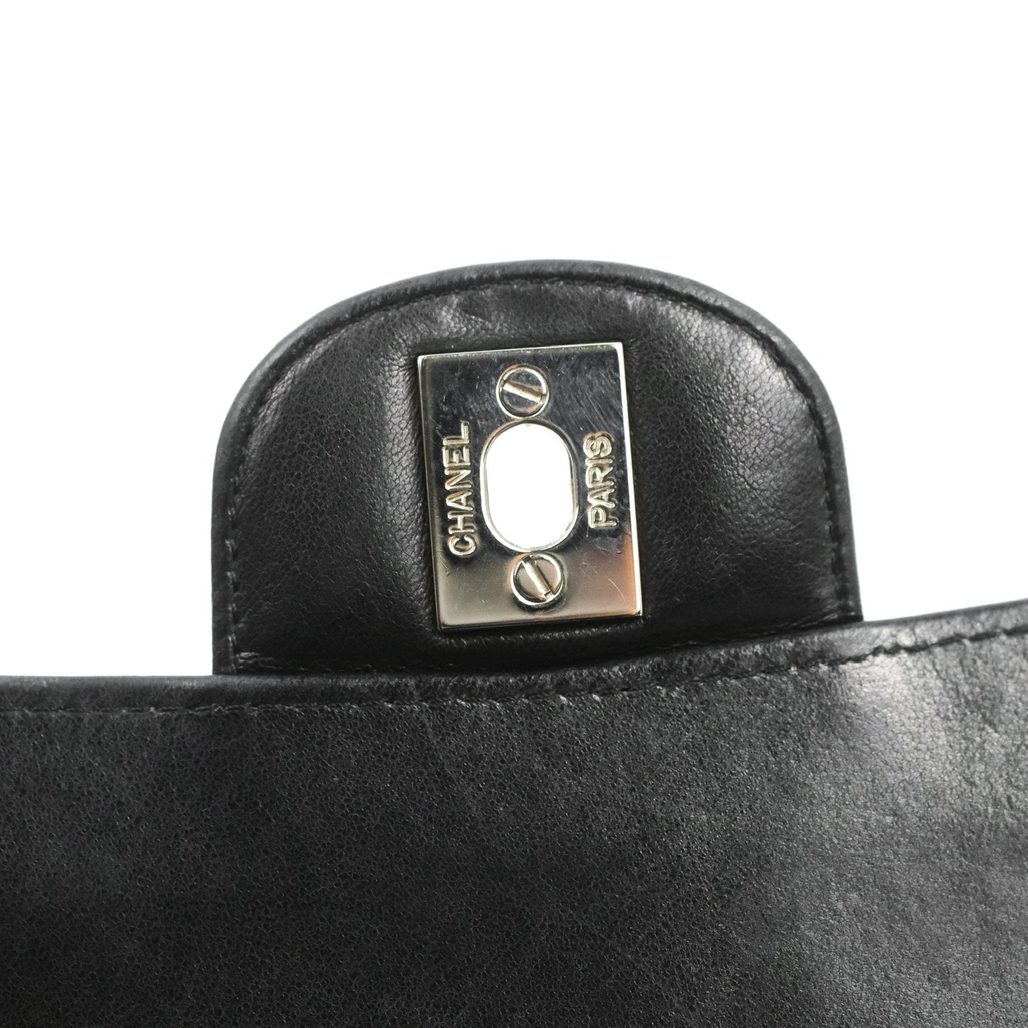 Chanel Classic M/L Medium Flap Quilted Black Patent Silver Hardware