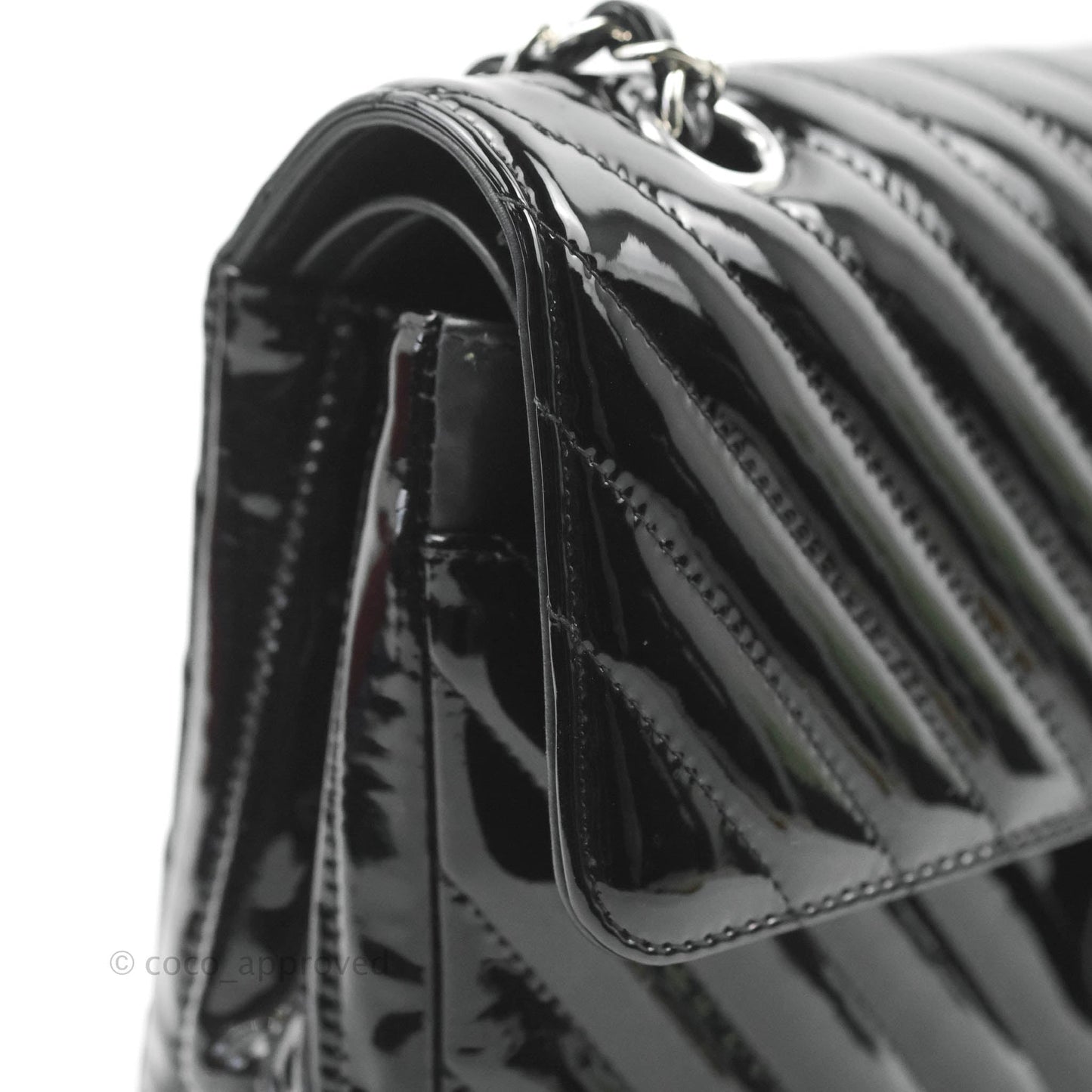 Chanel Classic M/L Medium Chevron Double Flap Black Patent Silver Hardware