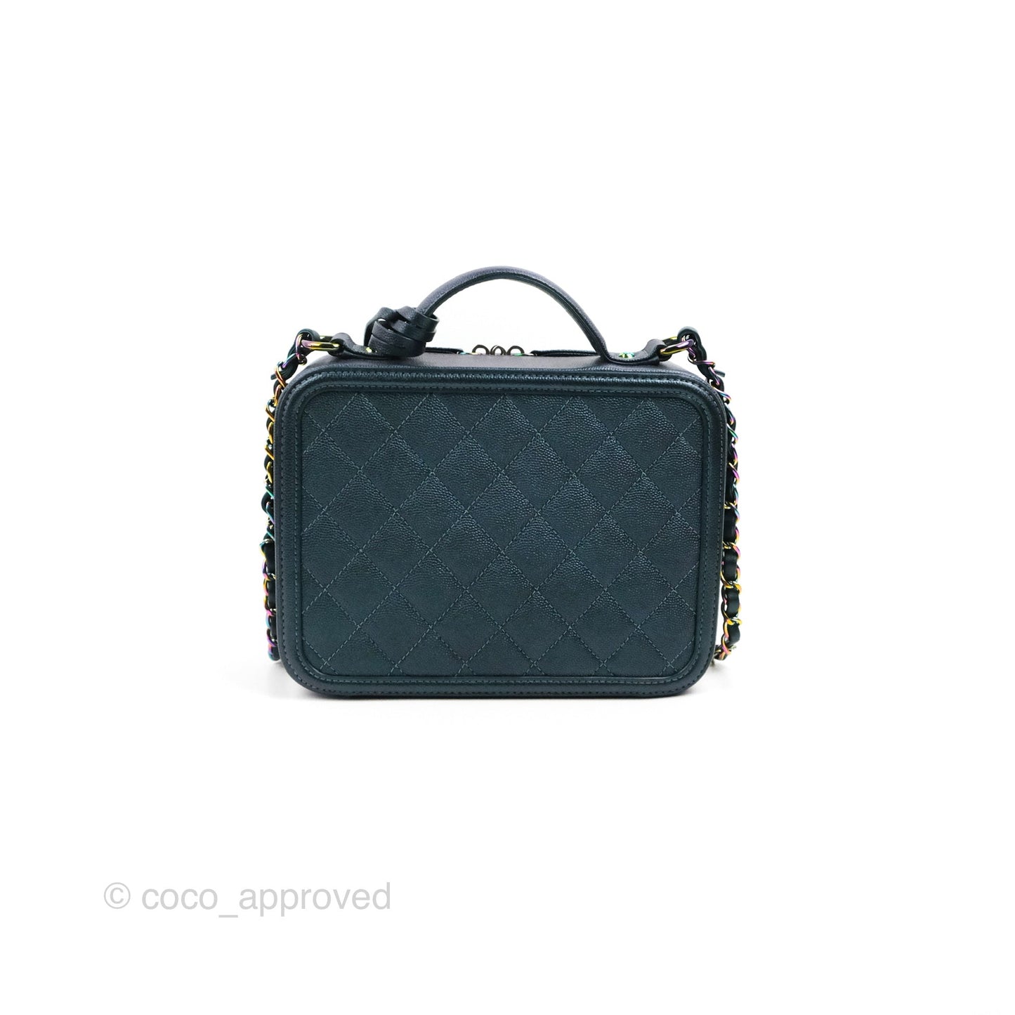 Chanel Quilted Medium CC Filigree Vanity Case Iridescent Dark Turquoise Caviar Rainbow Hardware