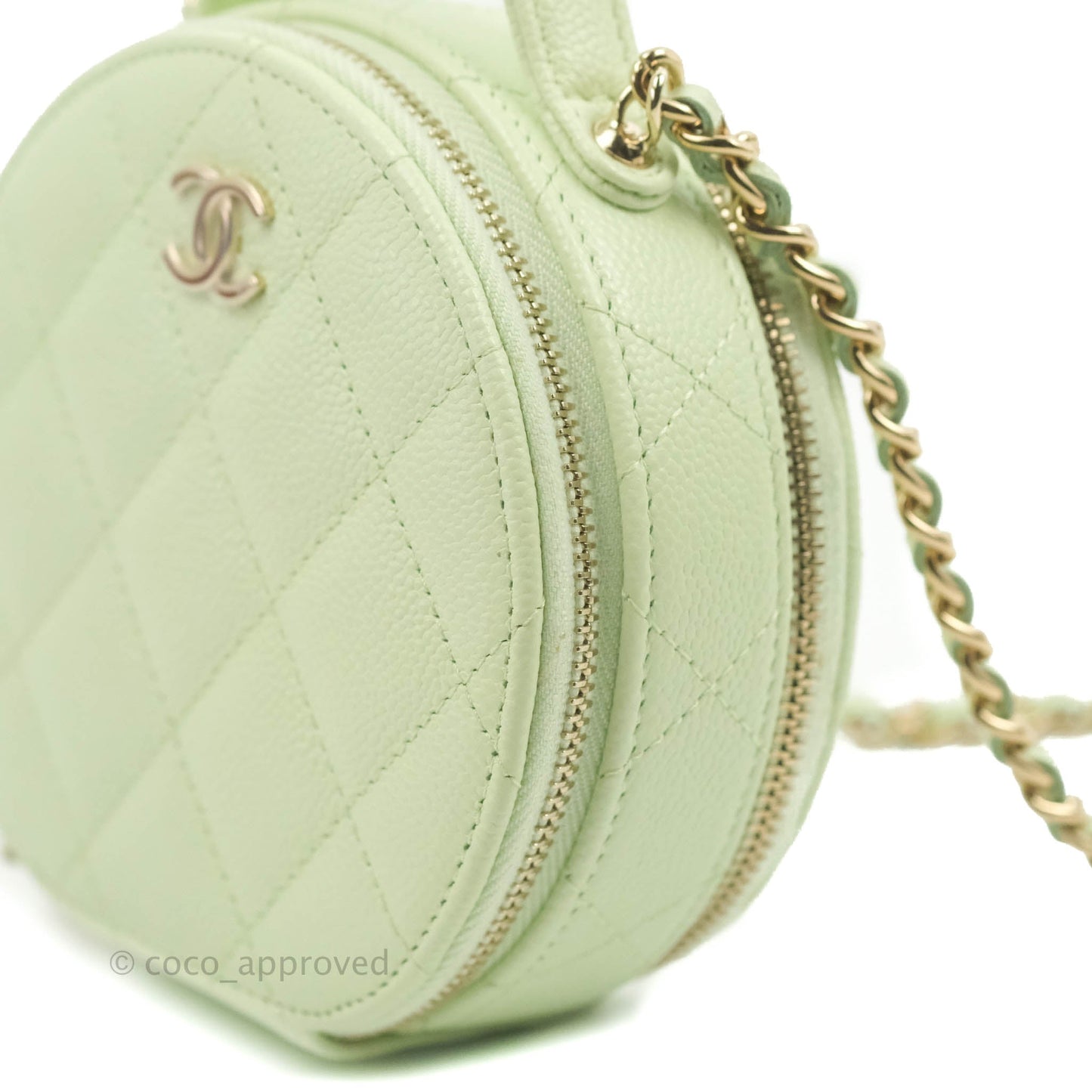 Chanel Mini Round Vanity Bag Handle With Care Light Green Caviar 22C