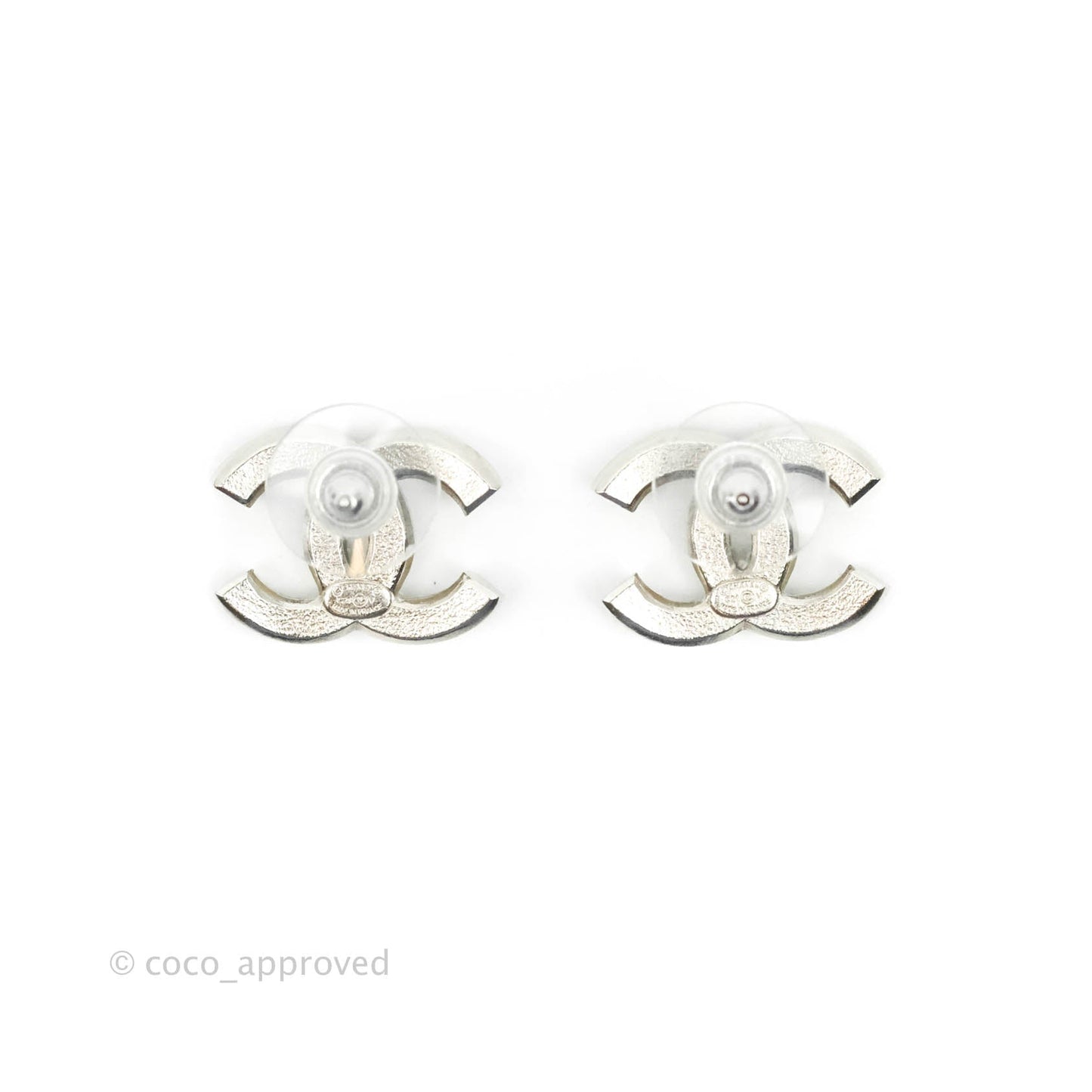 Chanel CC Pearl Crystal Earrings Silver Tone