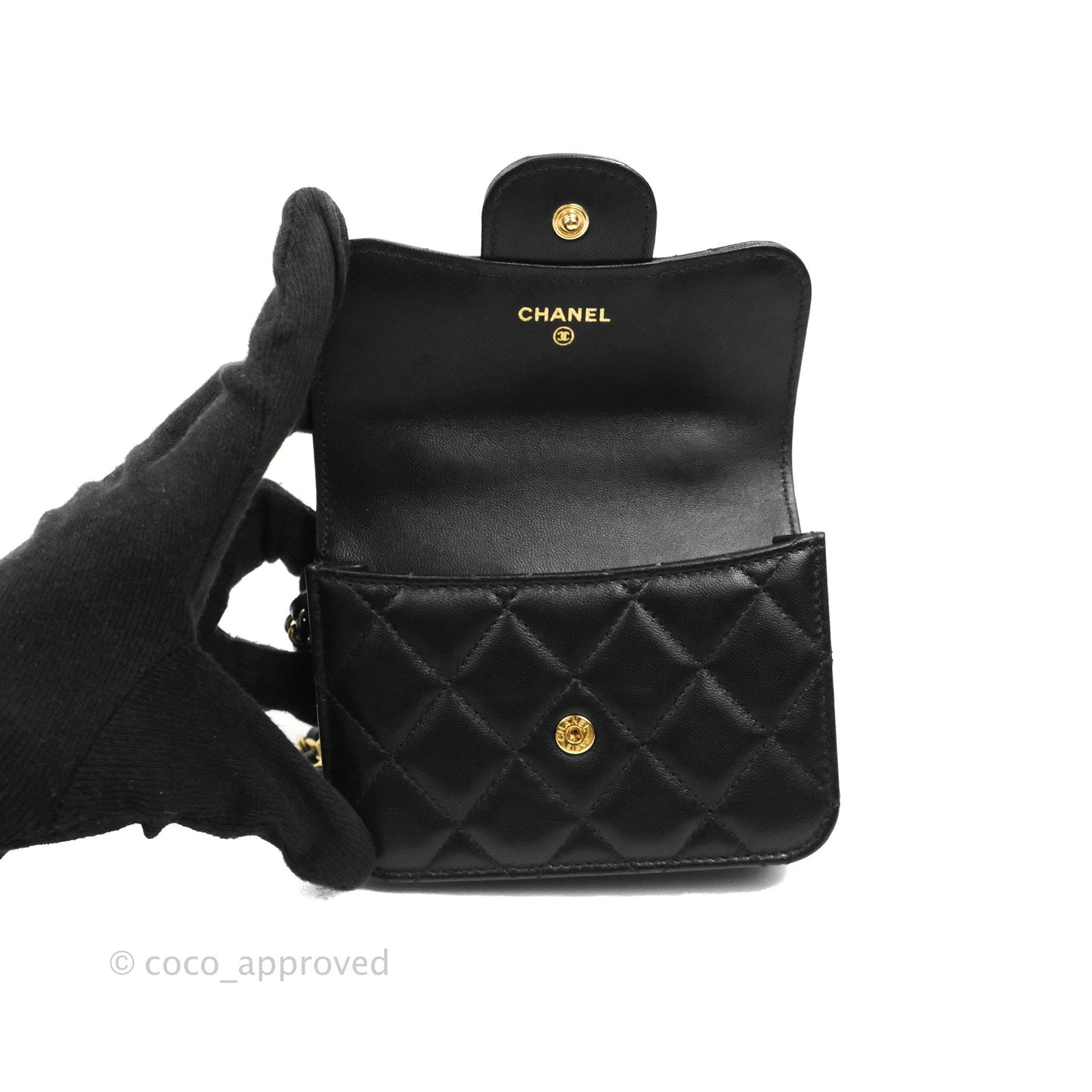 Chanel Mini Handle Flap Coin Purse With Chain Black Lambskin Gold Hardware