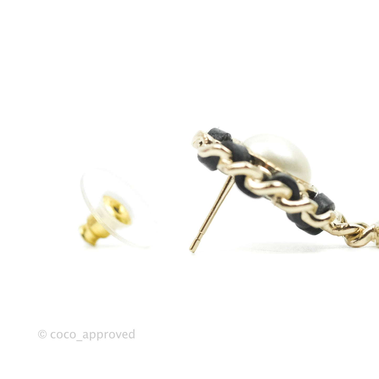 Chanel Oval Pearl Braided Black Leather Drop Crystal CC Earrings Gold Tone 21B