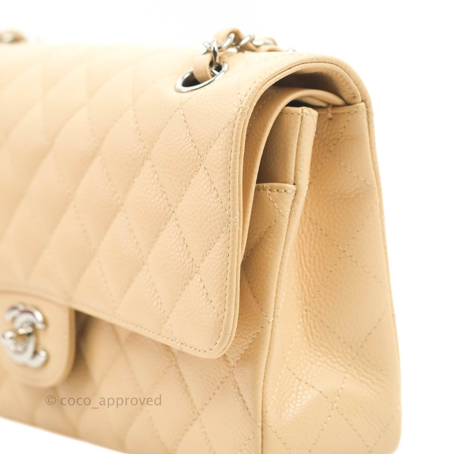Chanel Classic M/L Medium Flap Quilted Beige Caviar Silver Hardware