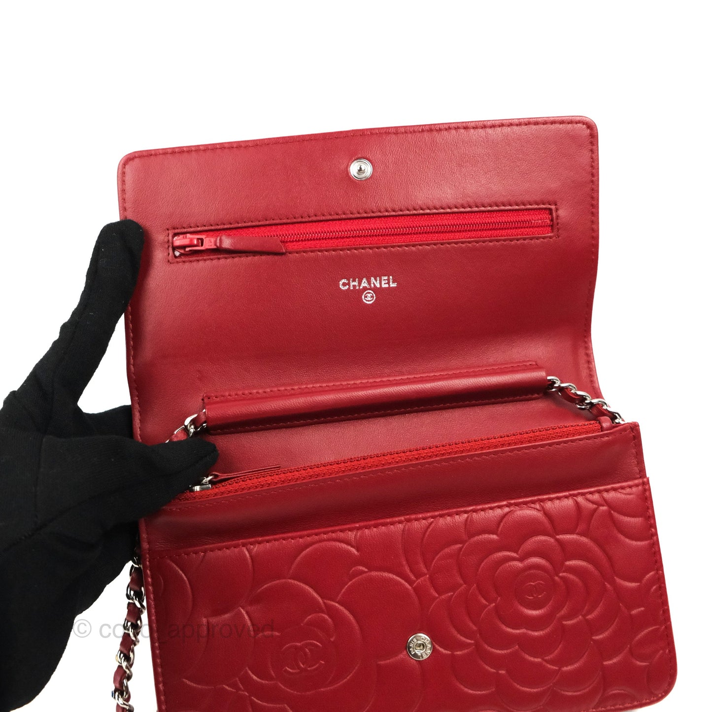 Chanel Camellia Embossed Wallet On Chain WOC Red Lambskin Silver Hardware