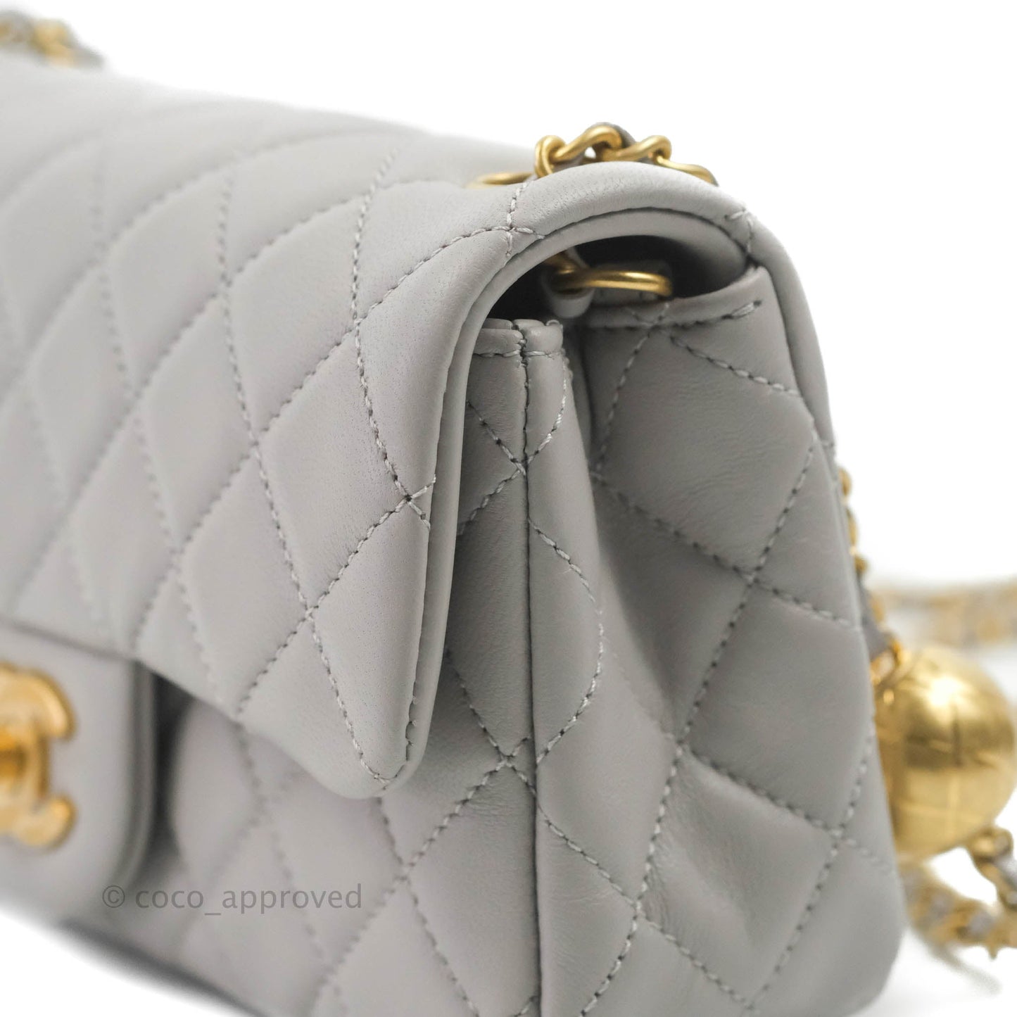 Chanel Mini Rectangular Pearl Crush Quilted Light Grey Lambskin Aged Gold Hardware 22B