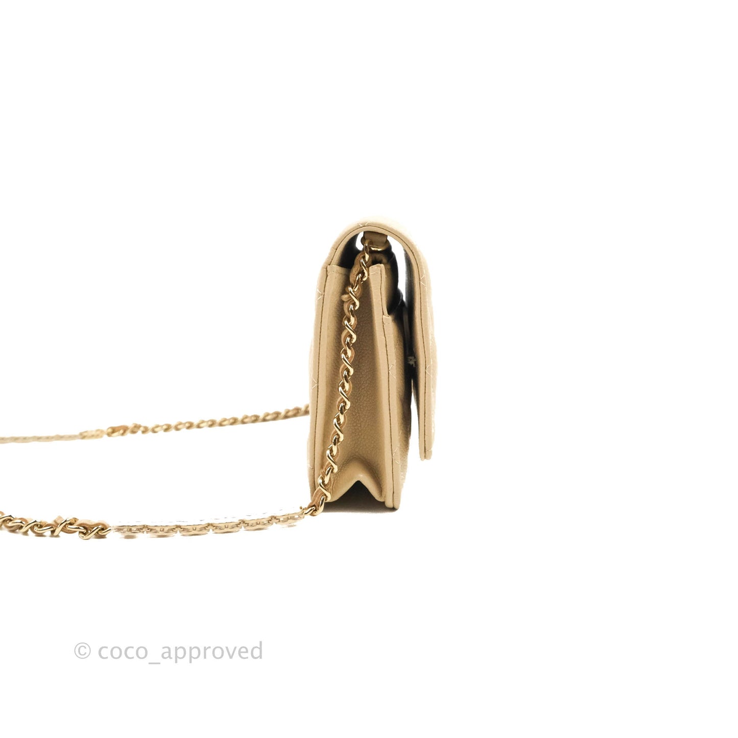 Chanel Quilted Wallet on CC Chain WOC Beige Caviar Gold Hardware