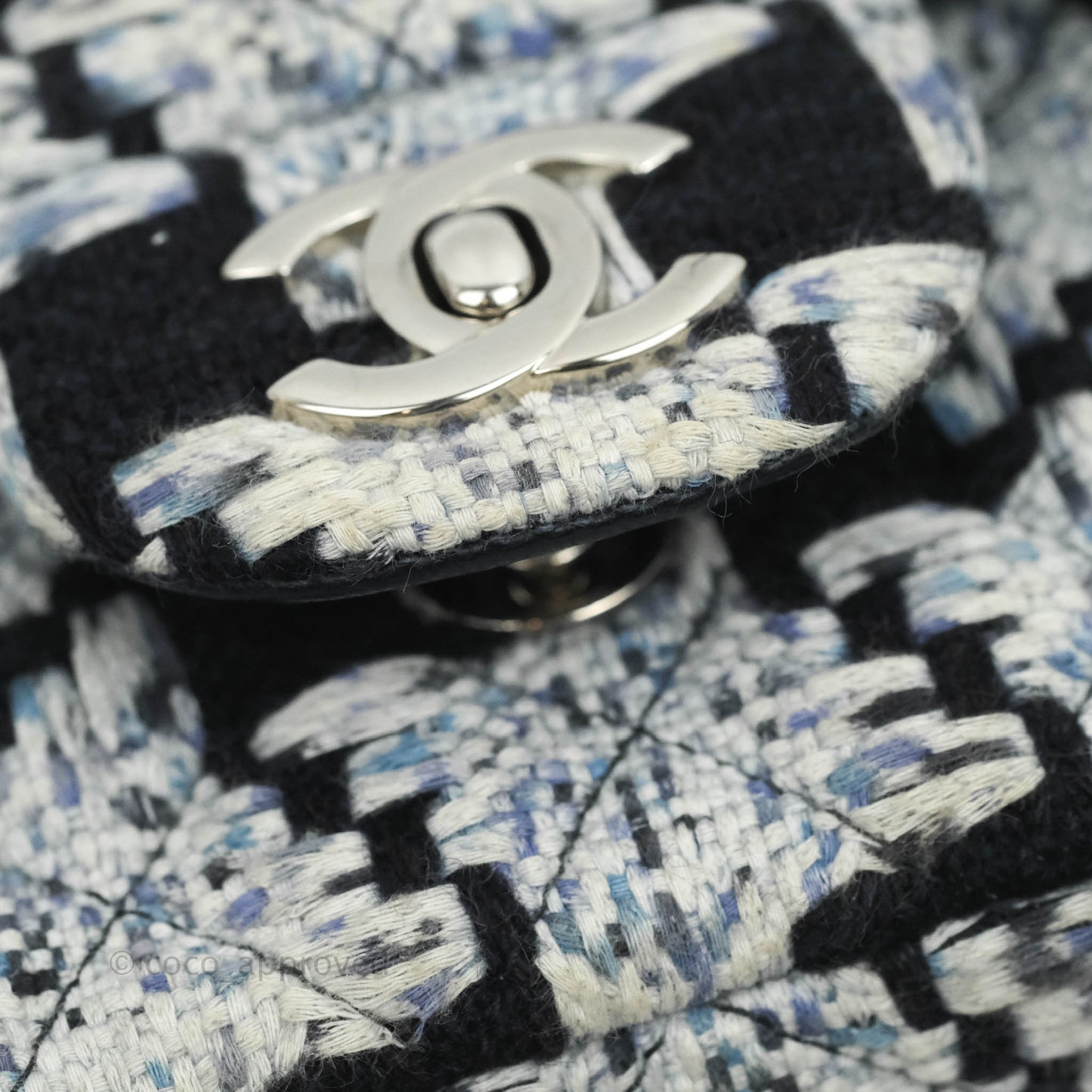 Chanel Classic Mini Rectangular Flap Blue Black Tweed Silver Hardware