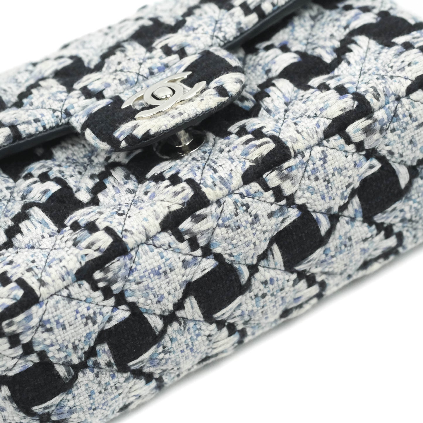 Chanel Classic Mini Rectangular Flap Blue Black Tweed Silver Hardware