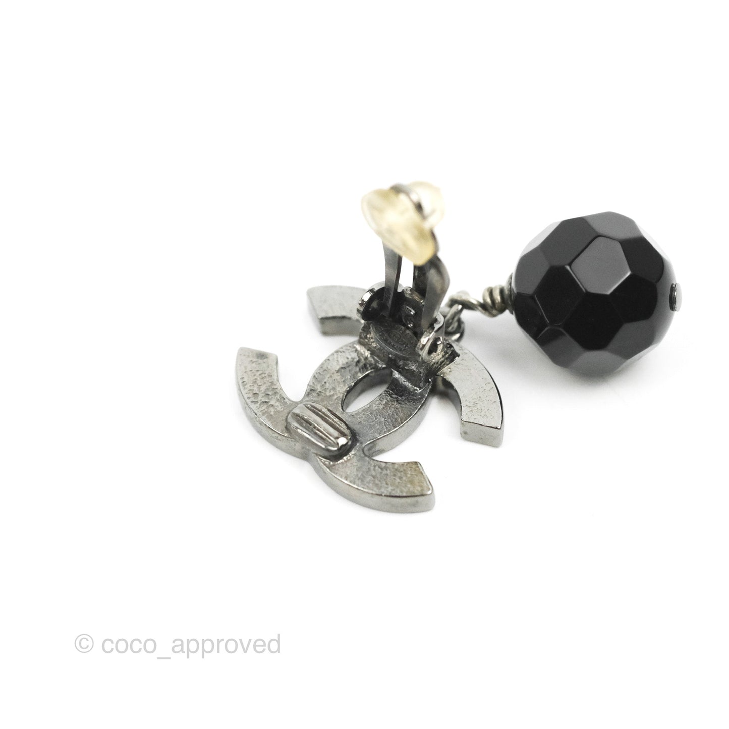Chanel CC Black Resin Sphere Drop Ear Clip Gun Metal 12V