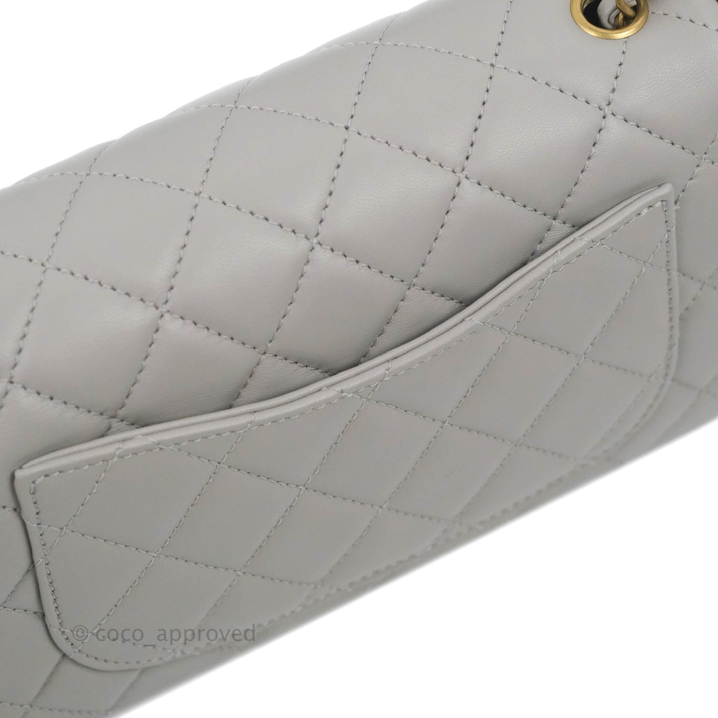 Chanel Mini Rectangular Pearl Crush Quilted Light Grey Lambskin Aged Gold Hardware 22B
