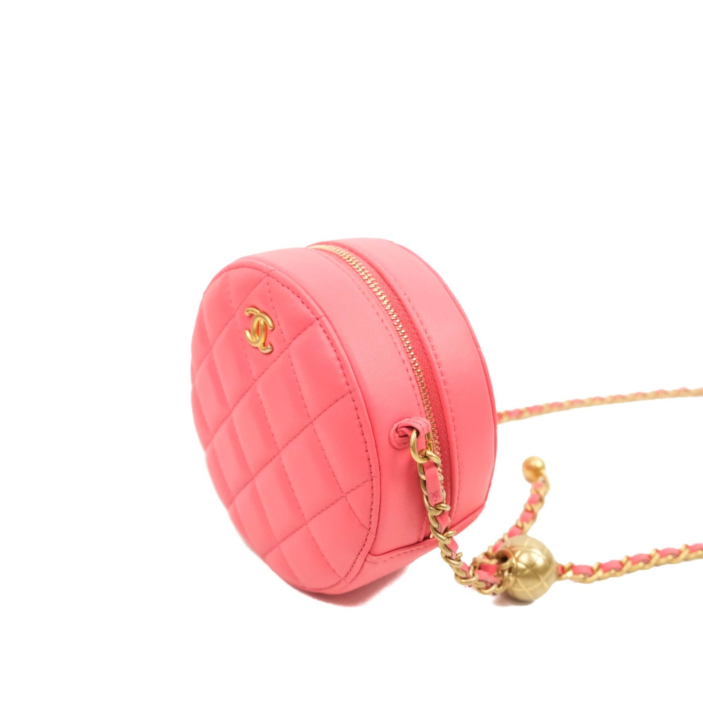 Chanel Quilted Round Pearl Crush Clutch With Chain Pink Lambskin Aged Gold Hardware