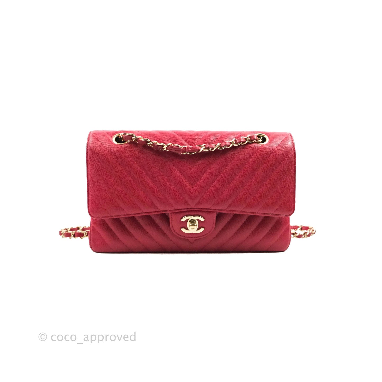 Chanel Classic M/L Medium Chevron Double Flap Cherry Red Caviar Gold Hardware