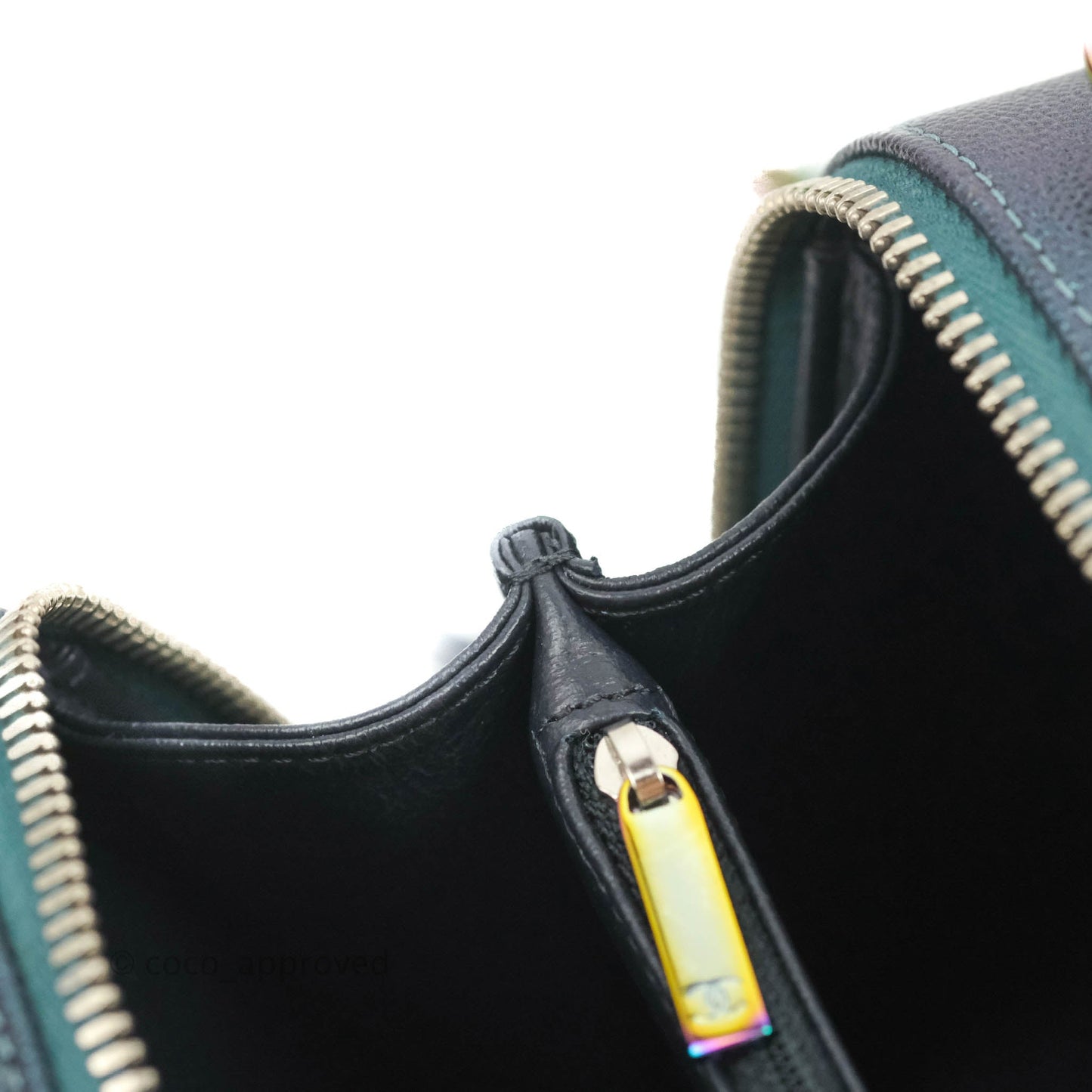 Chanel Quilted Medium CC Filigree Vanity Case Iridescent Dark Turquoise Caviar Rainbow Hardware