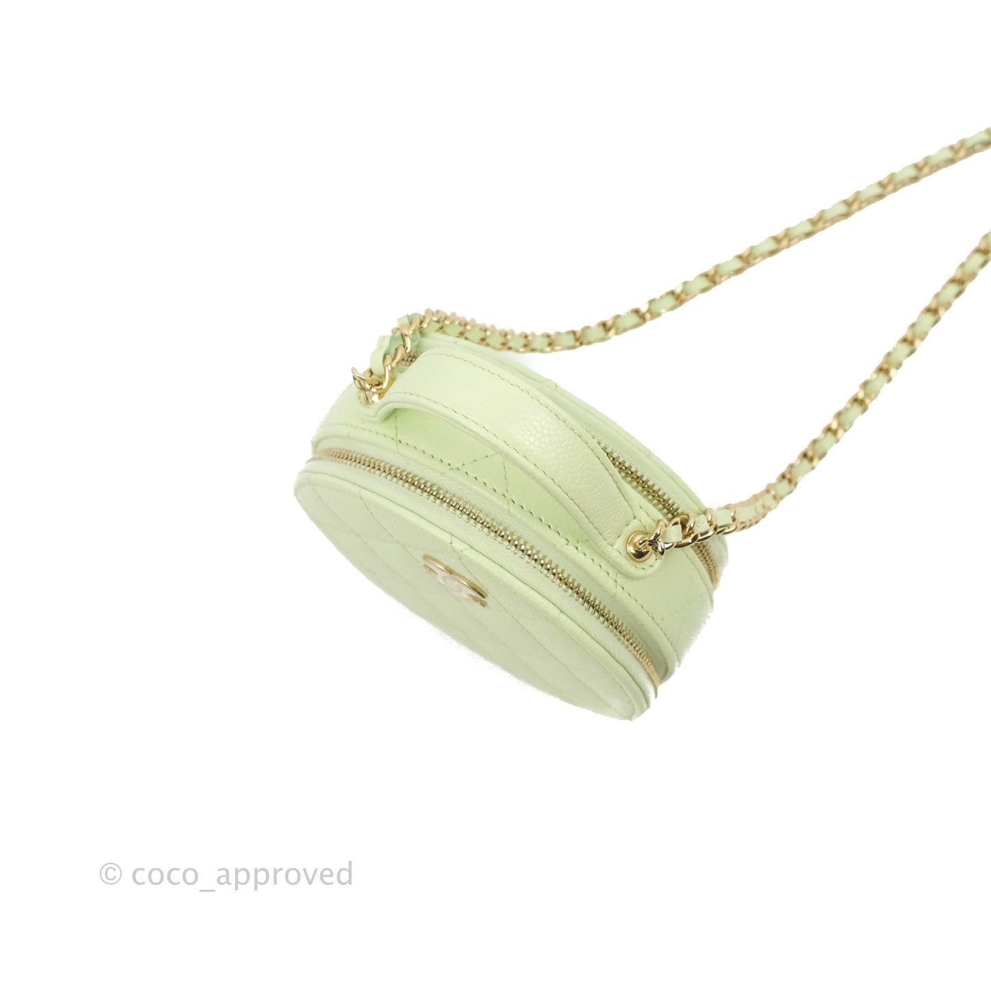Chanel Mini Round Vanity Bag Handle With Care Light Green Caviar 22C
