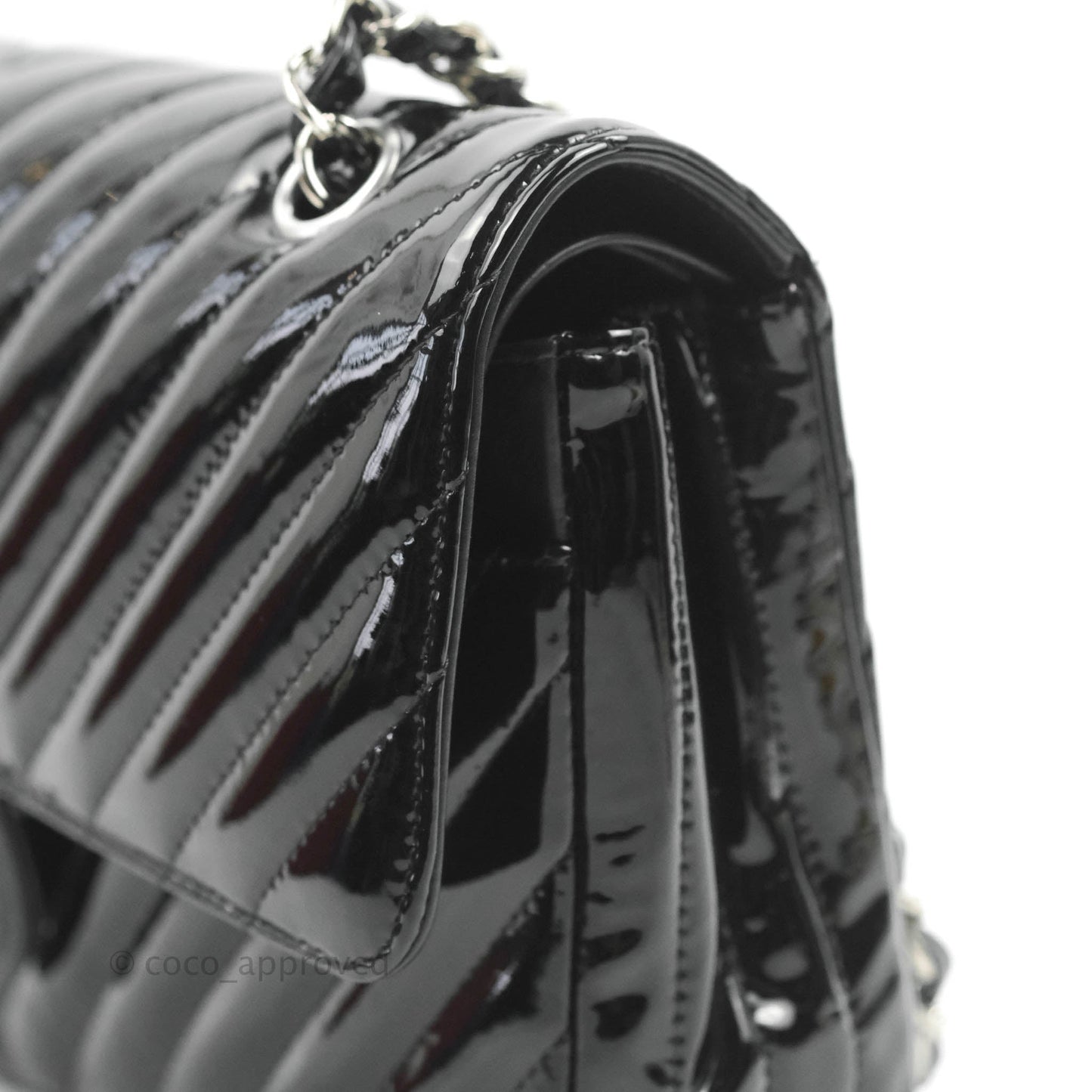 Chanel Classic M/L Medium Chevron Double Flap Black Patent Silver Hardware