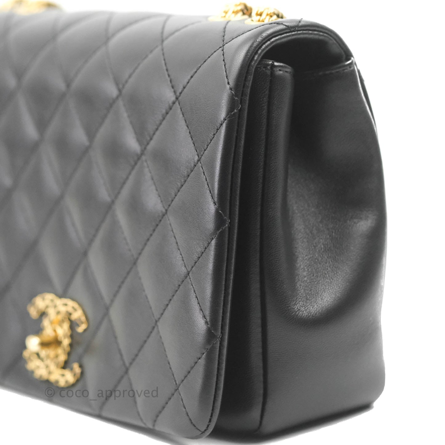 Chanel Large Flap Bag With Woven CC Logo Black Lambskin Gold Hardware 22C