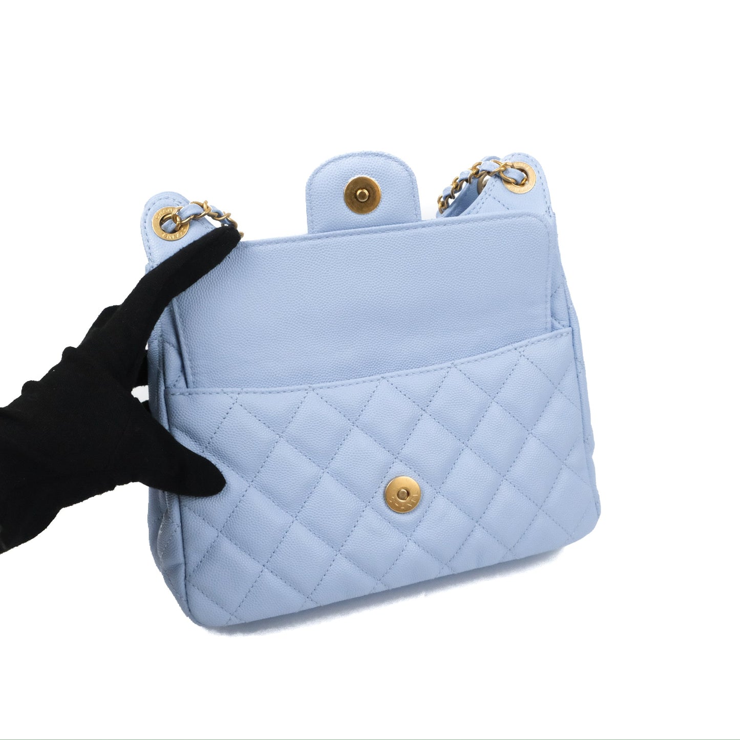 Chanel Quilted Wavy CC Hobo Light Blue Caviar Aged Gold Hardware 23P