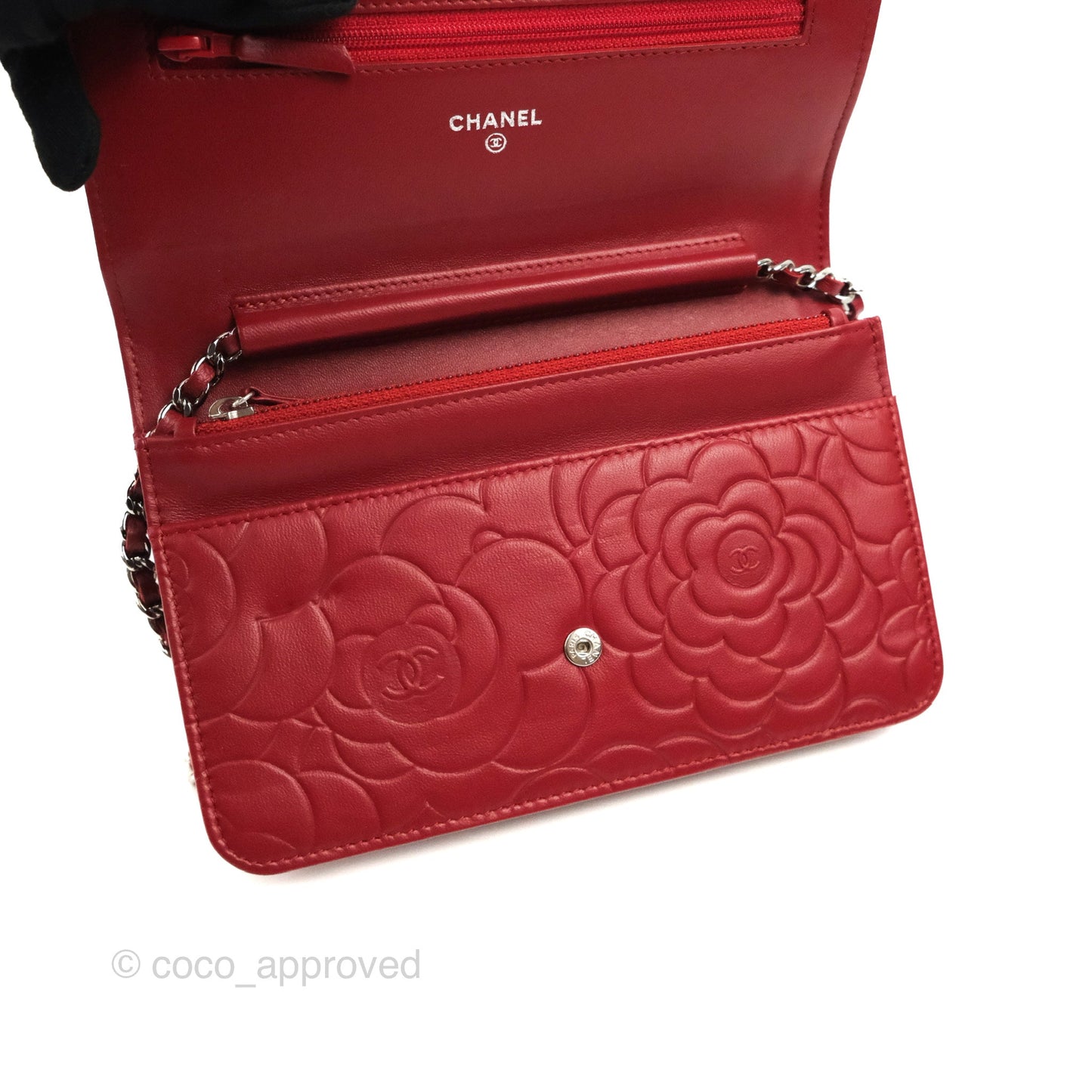 Chanel Camellia Embossed Wallet On Chain WOC Red Lambskin Silver Hardware