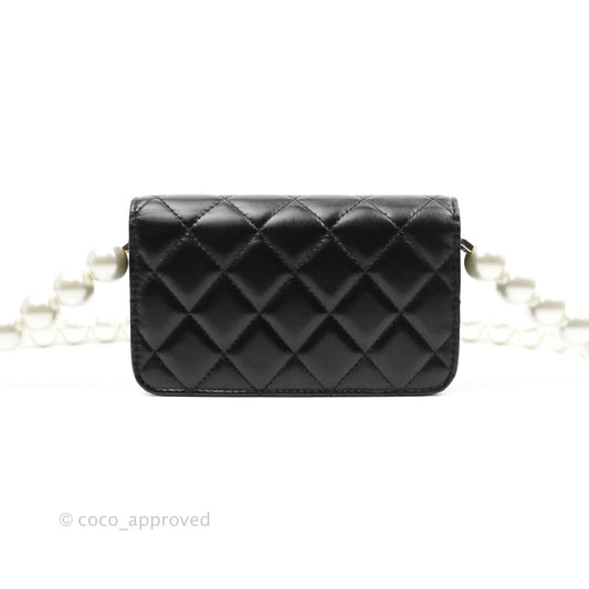 Chanel Imitation Pearls Clutch with Chain Black Shiny Calfskin Gold Hardware