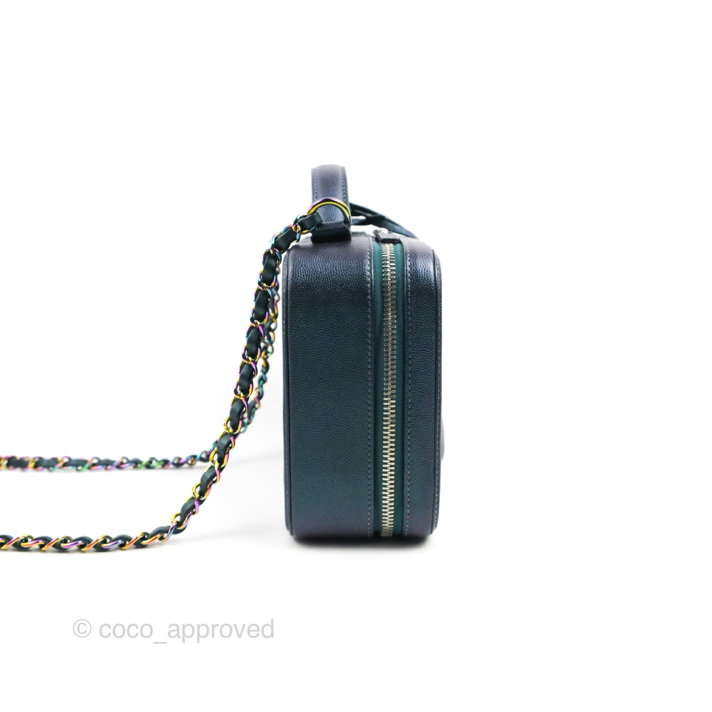 Chanel Quilted Medium CC Filigree Vanity Case Iridescent Dark Turquoise Caviar Rainbow Hardware