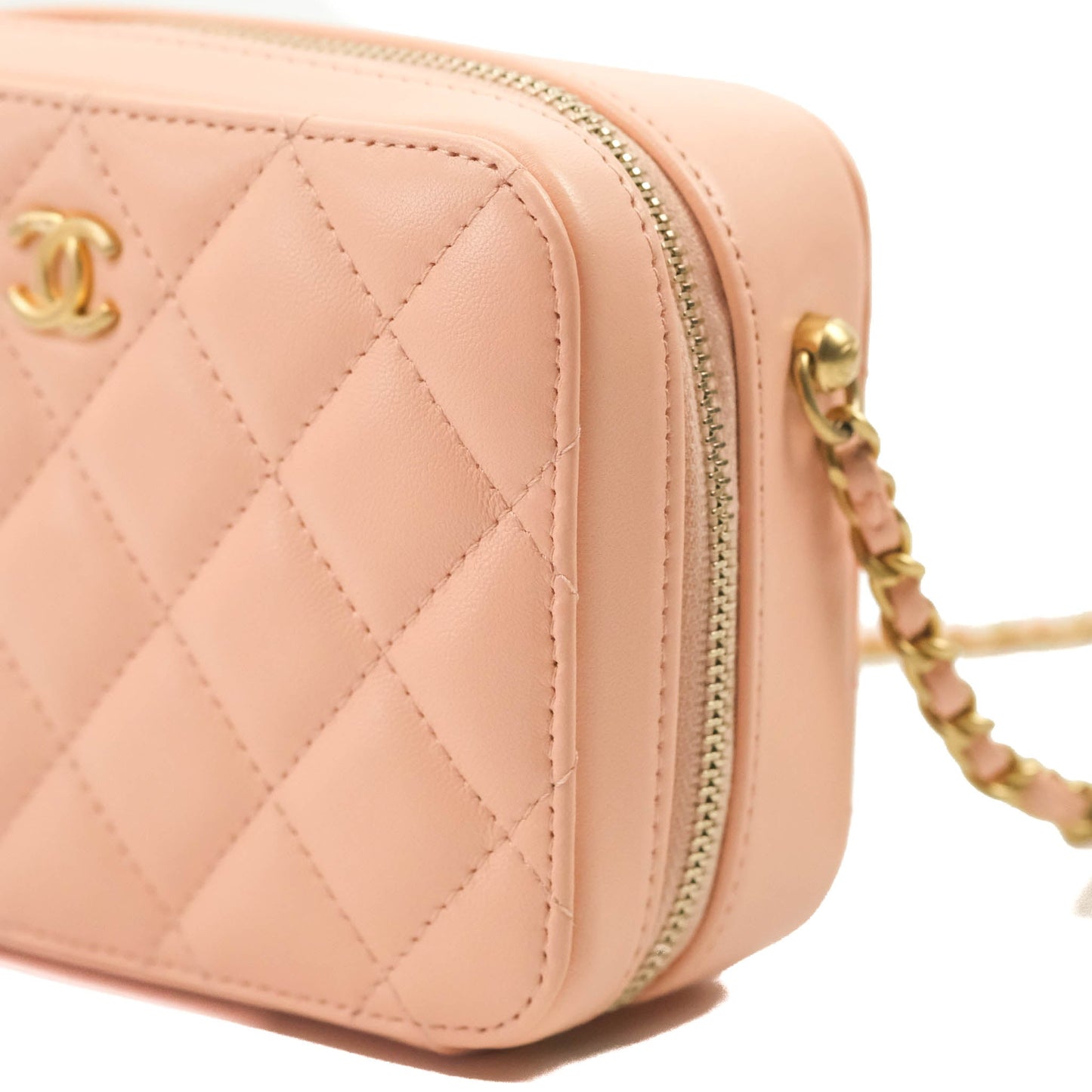 Chanel Mini Pearl Crush Quilted Camera Case Beige Pink Lambskin Aged Gold Hardware