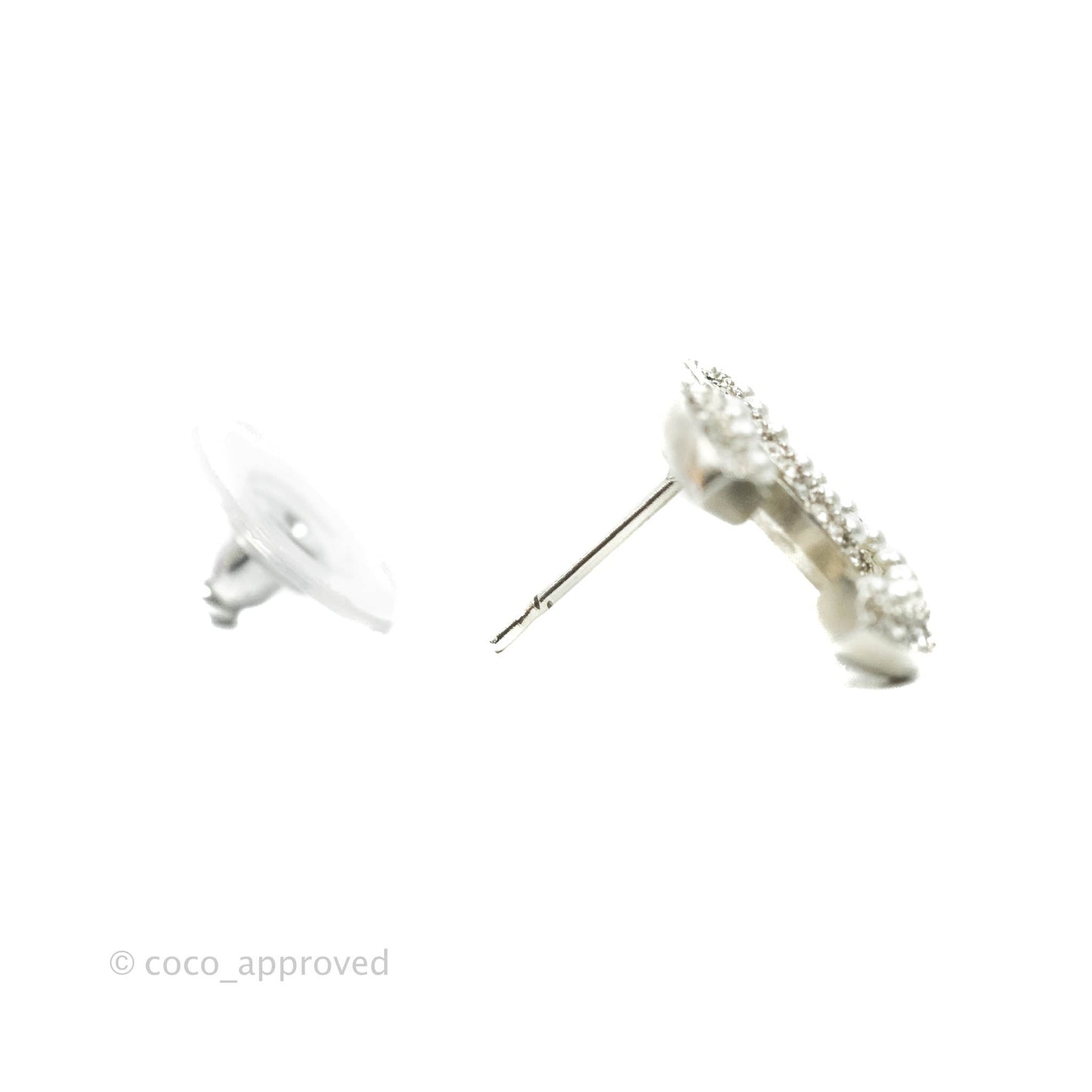 Chanel CC Pearl Crystal Earrings Silver Tone